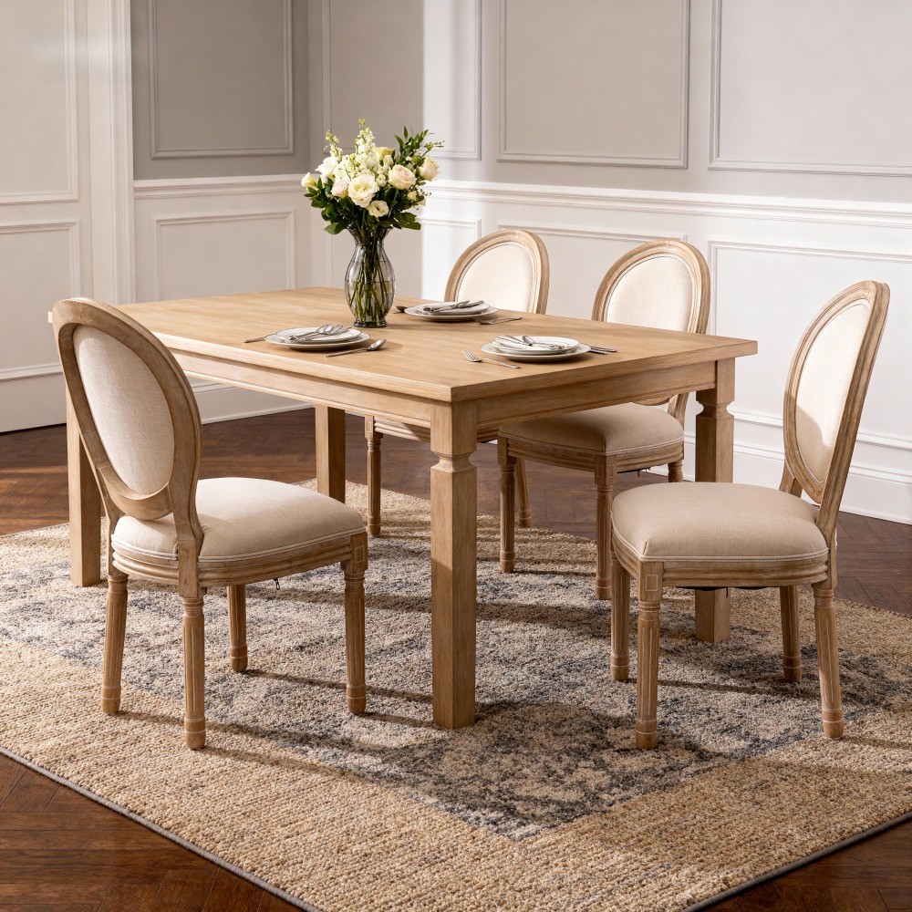 Set of 4 French Style Solid Wood Frame Linen Fabric Oval Back Dining Chair Beige