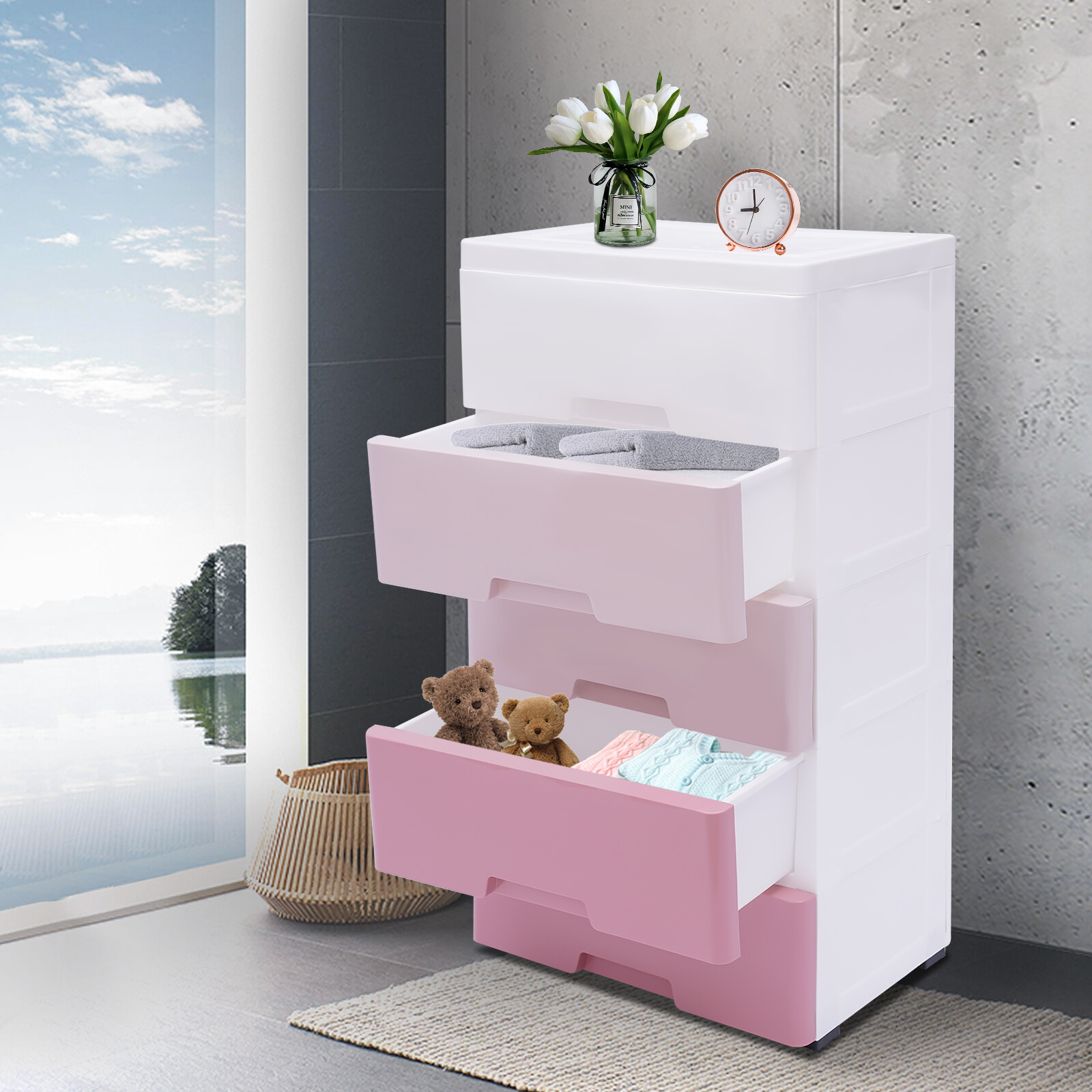43.5*29*80cm Modern Storage Cabinet Gradient Pink Storage Organizer W/ 5 Drawers