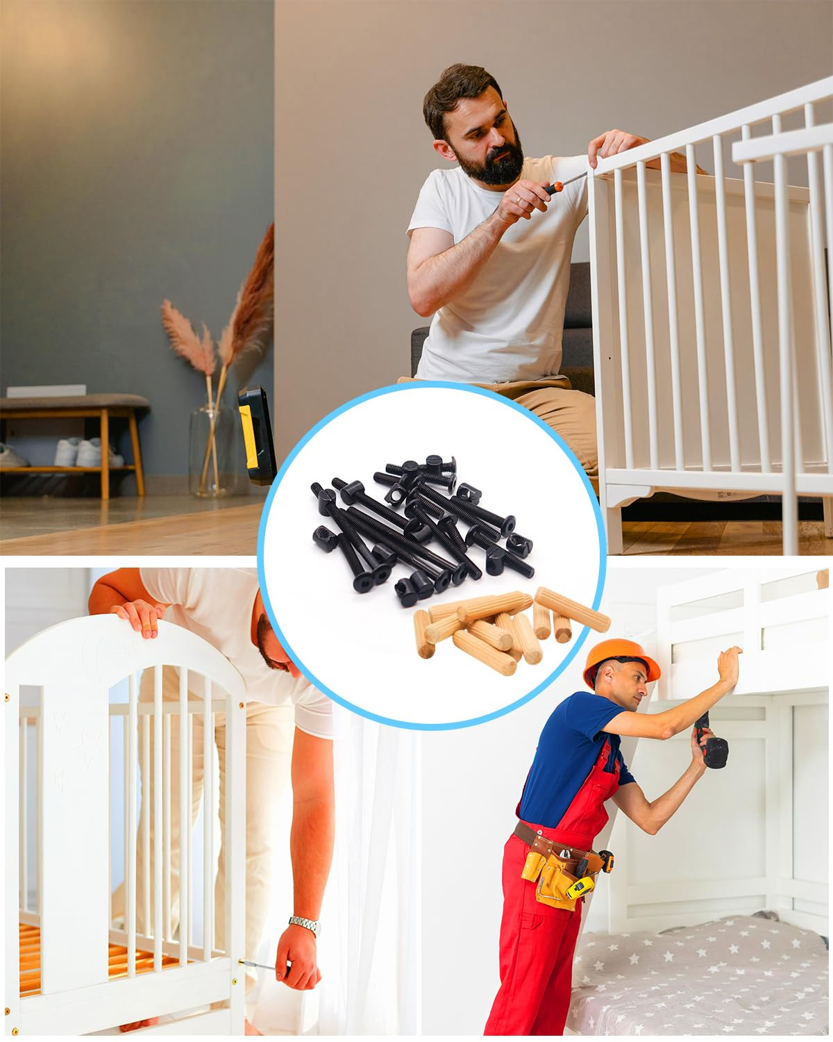 Crib Screws Hardware Replacement Kit – 16 Set Baby Bed Frame Bolts,Barrel Nuts&W