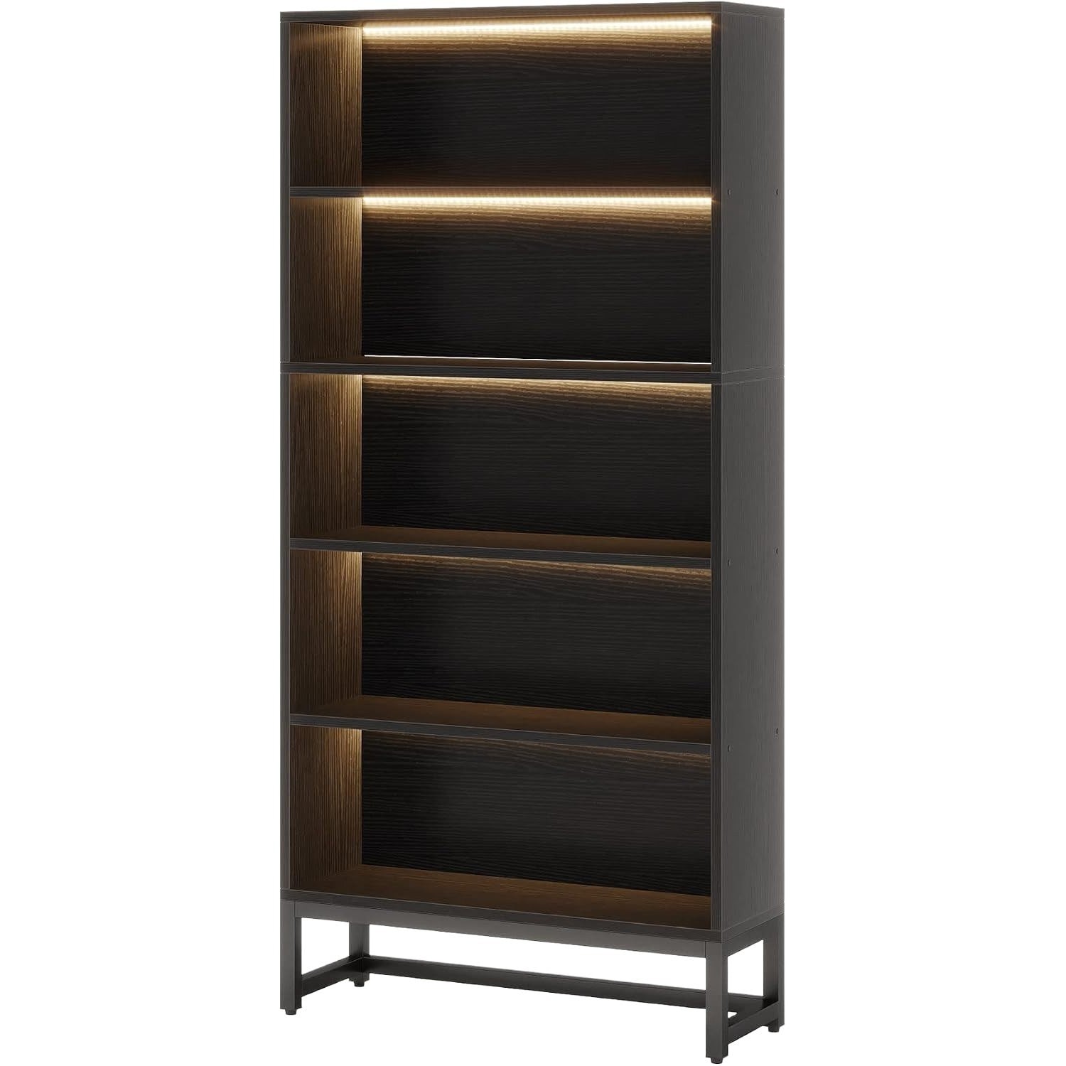 70.8-Inch Tall Bookcase with LED Lights, 5-Tier Black Bookshelf Organizer