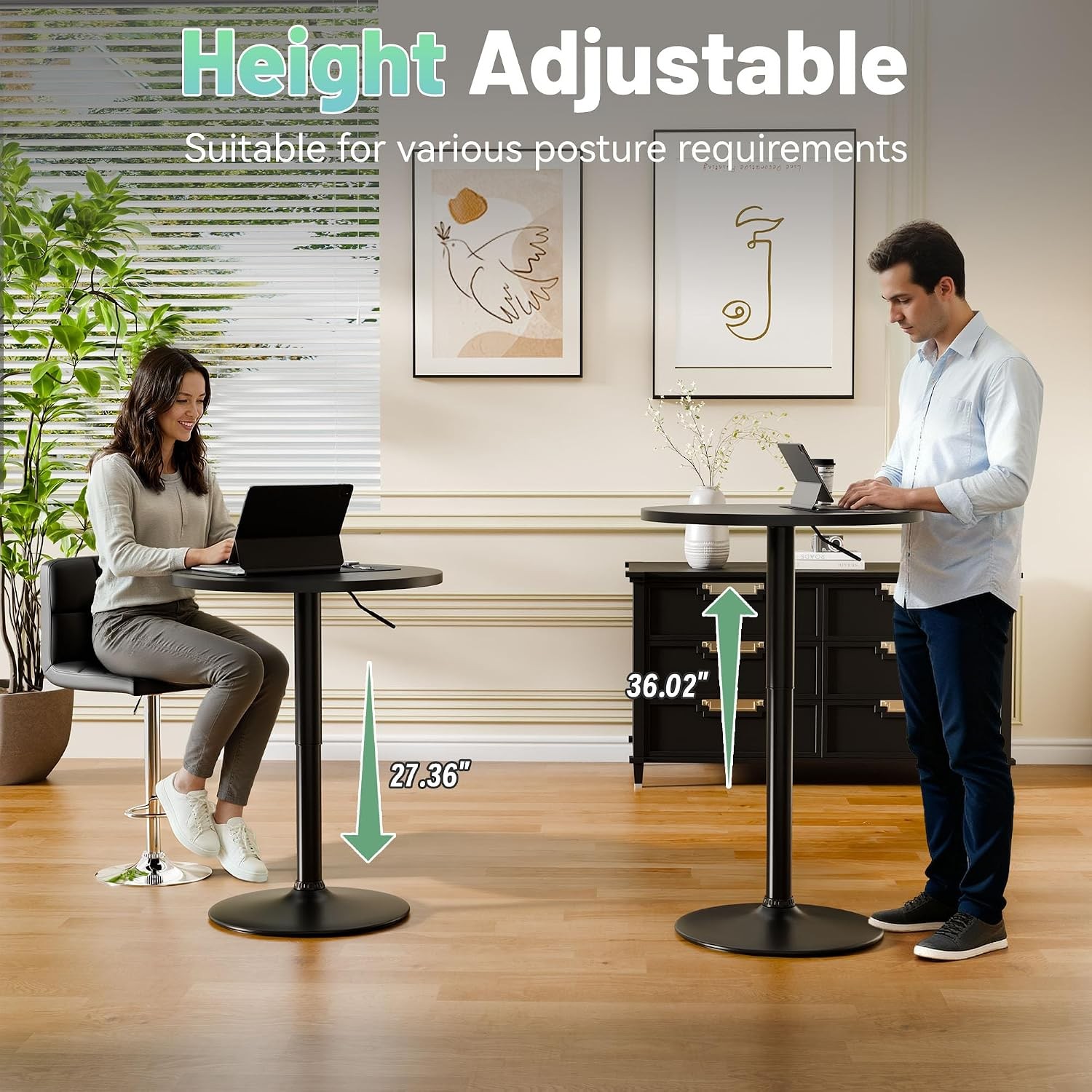 Bistro Pub Table Height Adjustable Round Bar Table 27.4-36 Inches 360°Swivel