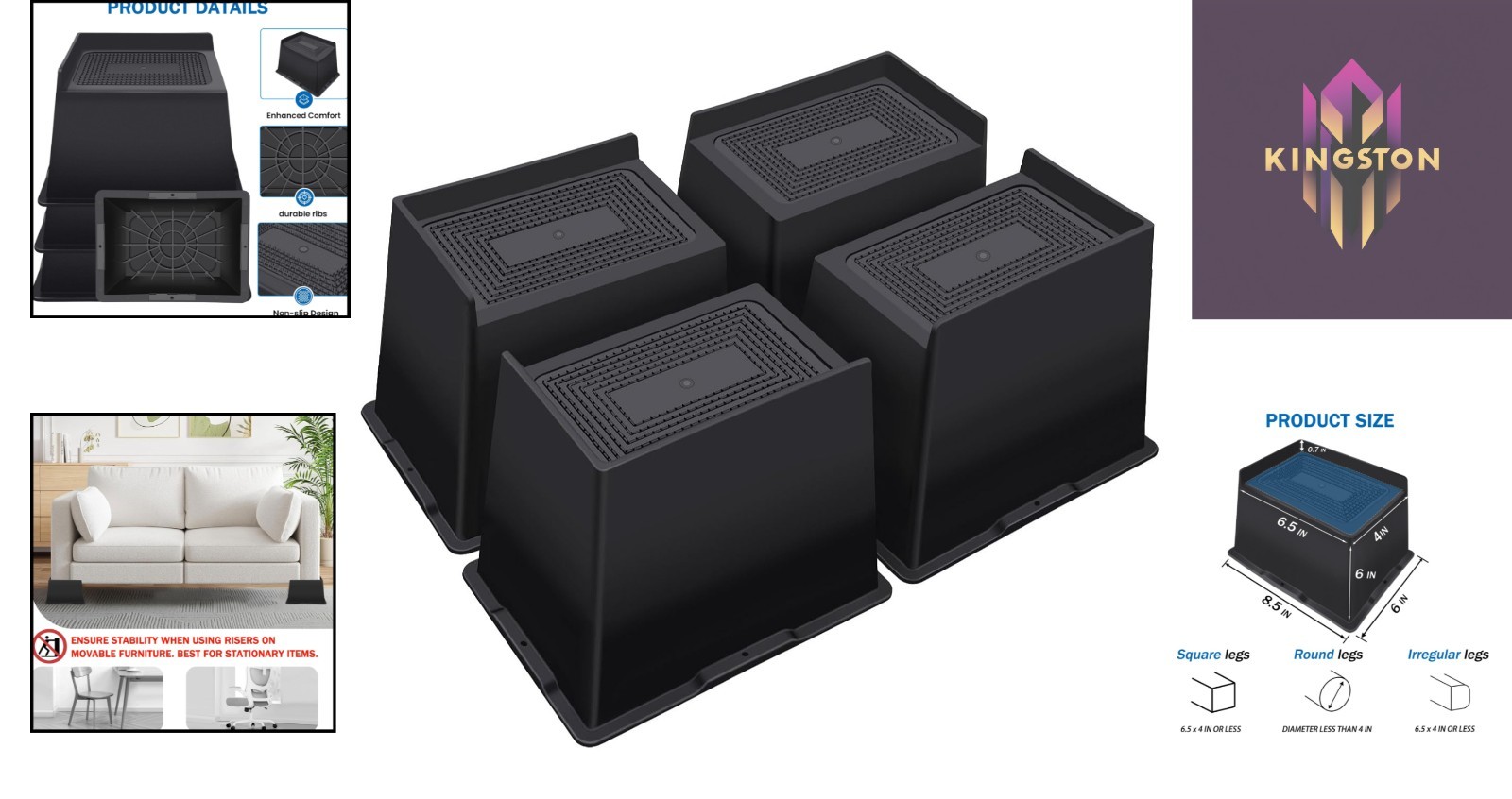 Space-Saving 6-Inch Bed Risers – Non-Slip & Shock-Absorbent, 6000 lbs Support