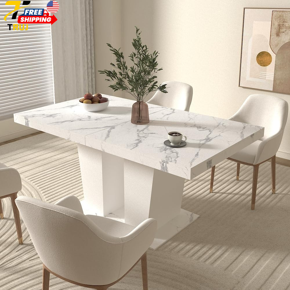 Extendable White Marble Dining Table for 6-10 Person Modern Rectangular Design