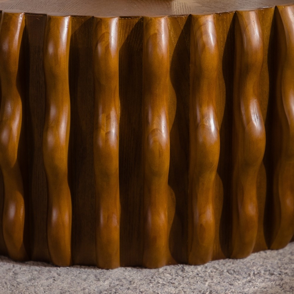 Ribbed Wave Round Coffee Table – Solid Wood & MDF Mid-Century Center Table