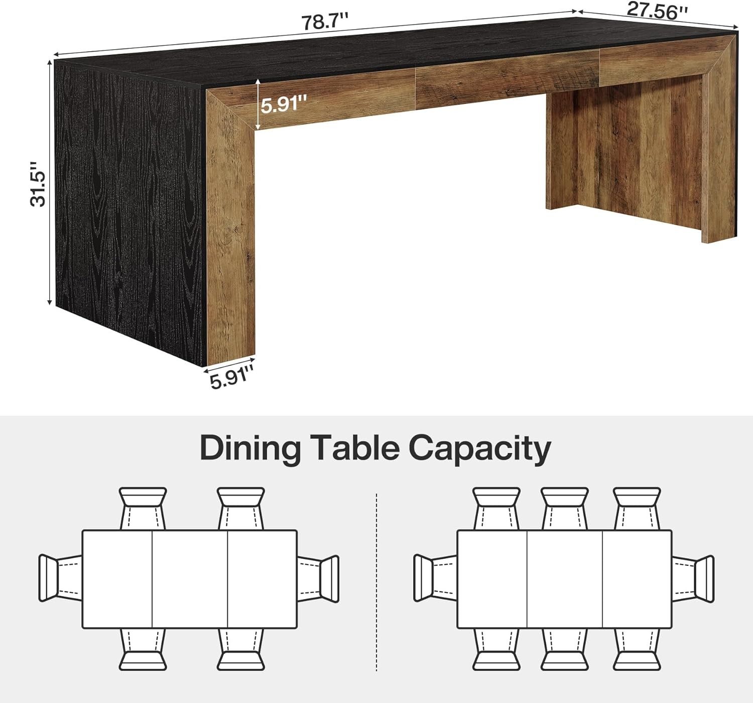 78.7-Inch Long Dining Table, Rectangular Kitchen Table with Wooden Tabletop