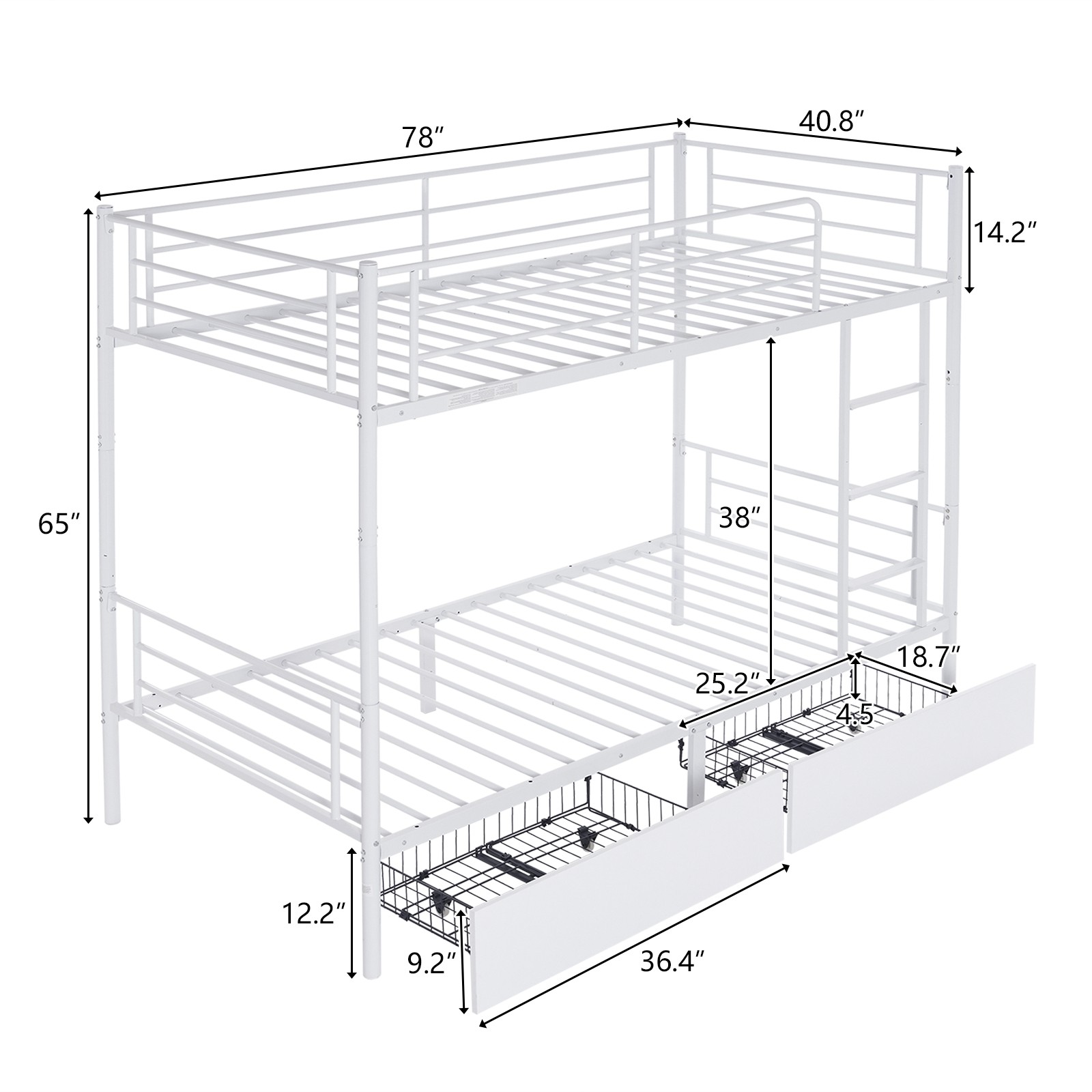 Twin Over Twin Convertible Bunk Bed with 2 Storage Drawers, Metal Bunk Bed White