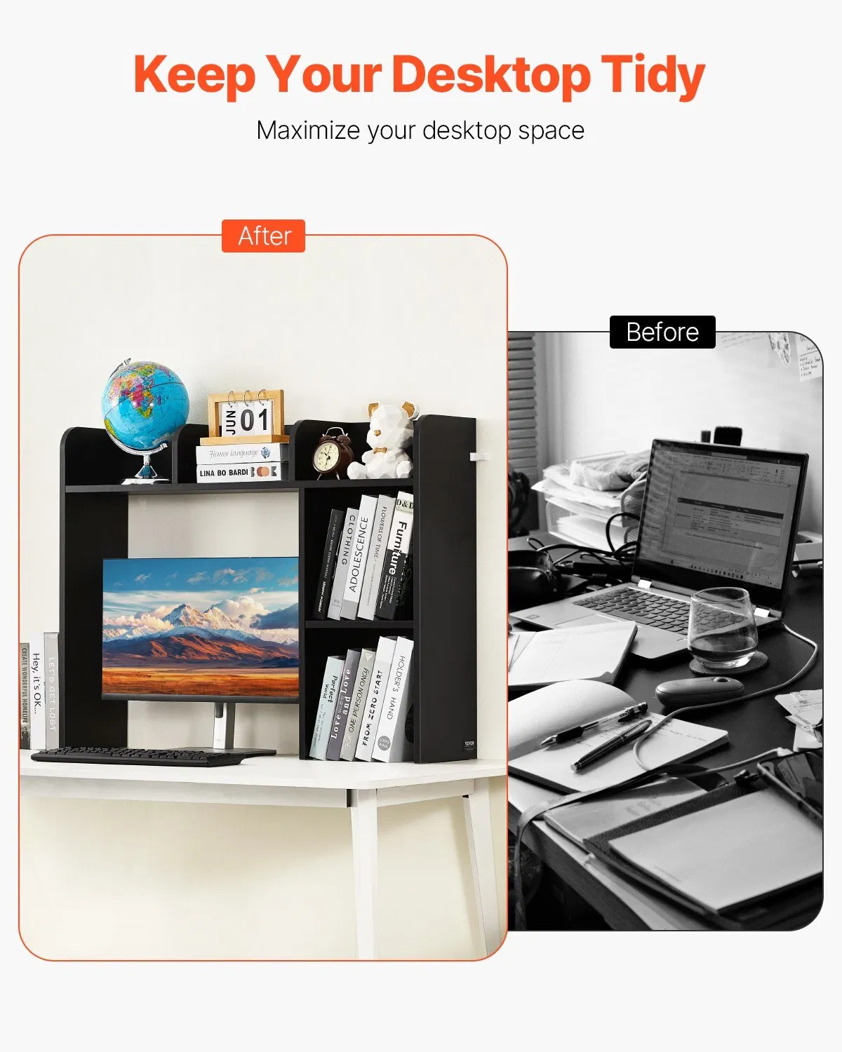 Desktop Bookshelf, 2-Tier Desktop Storage Organizer, 37.2″ x 9.5″ x 28.9″ Office