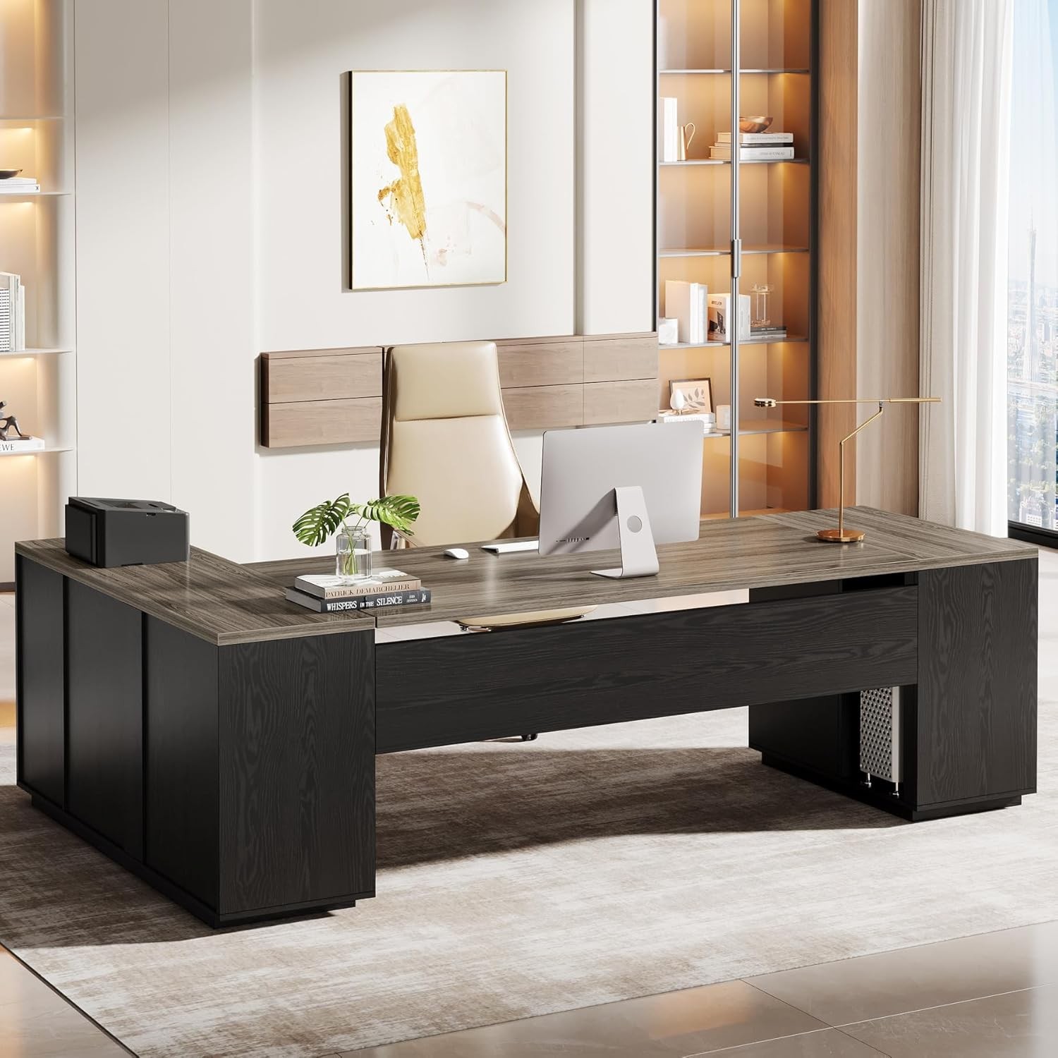 85.8-Inch L-Shaped Executive Desk, Large Modern Office Desk with File Drawers