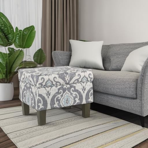 Transitional Blue Storage Ottoman With Hinged Lid And Wood Legs 18X22x18 Inches