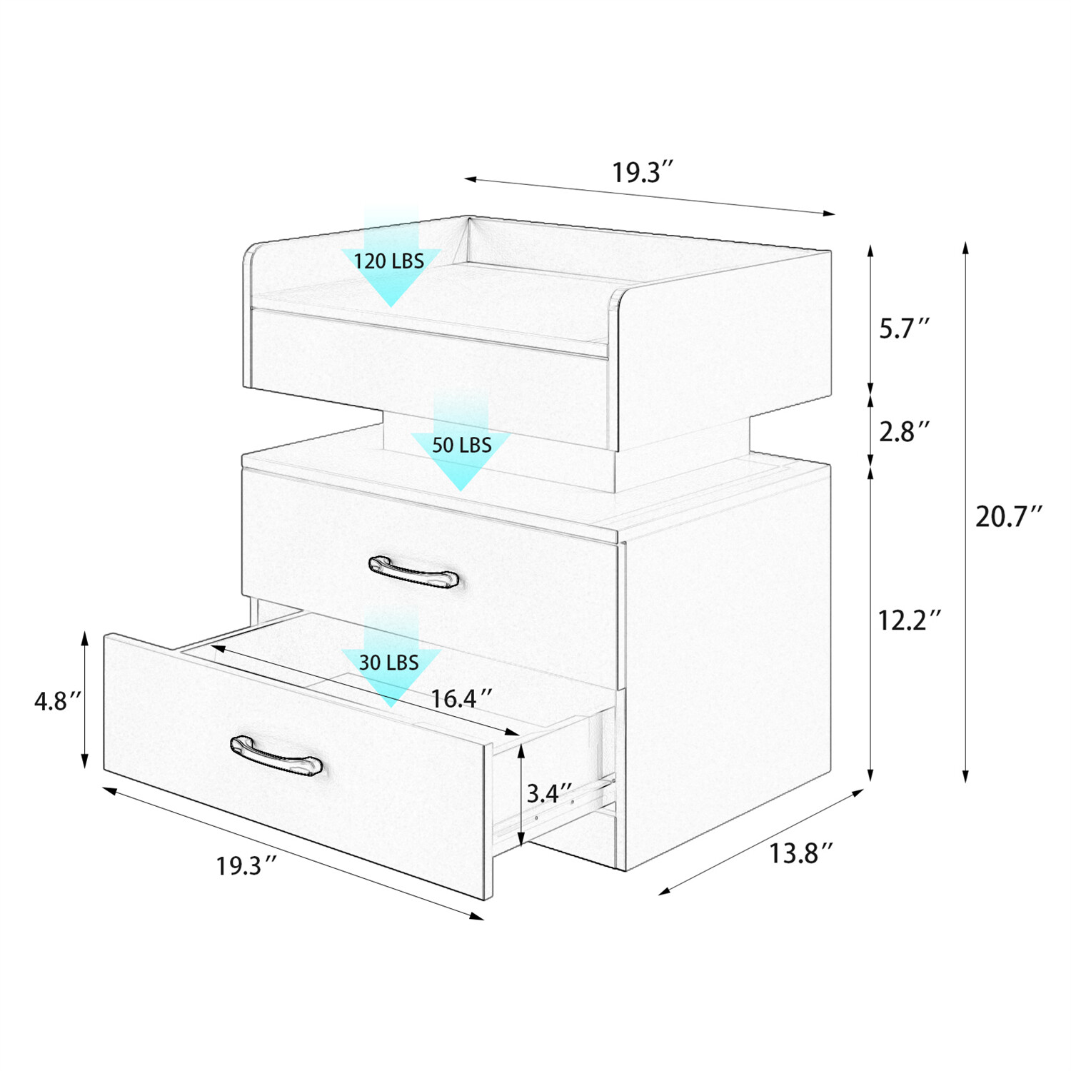 LED Nightstand Bedside Table End Table Side Table w/ 2 Drawers White/Gray/Black
