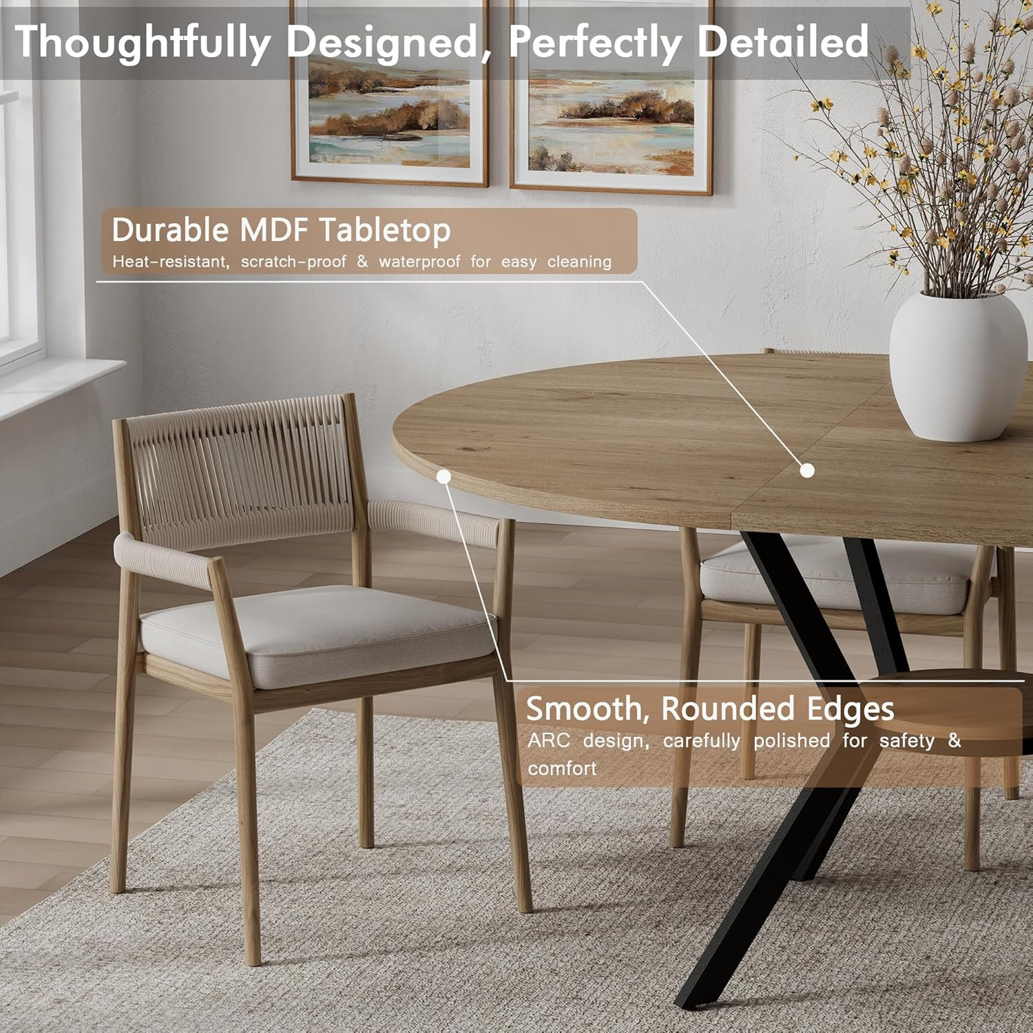42″-58″ Extendable round Dining Table for 4-6, Kitchen Oval Table with Built-In