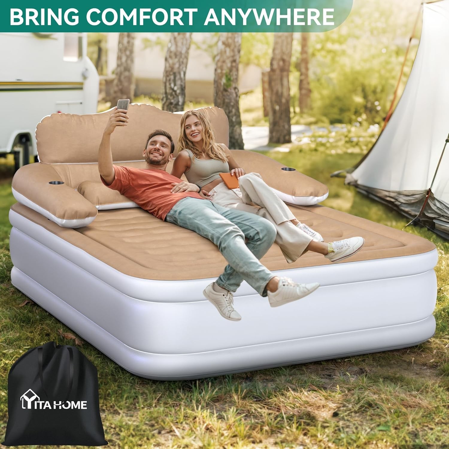 Full XL Air Mattress with Headboard & Pump – 18″ Inflatable Bed for Home & Campi