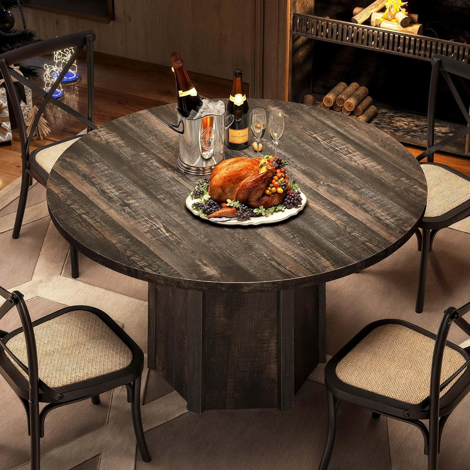 Rustic 47″ Round Farmhouse Dining Table for 4-6 with Unique Hexagonal Base