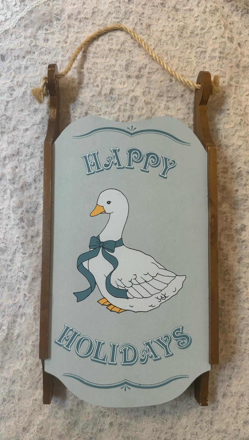Vintage Wooden Christmas Sled Wall Shelf Goose Happy Holidays Rustic Decor 18″