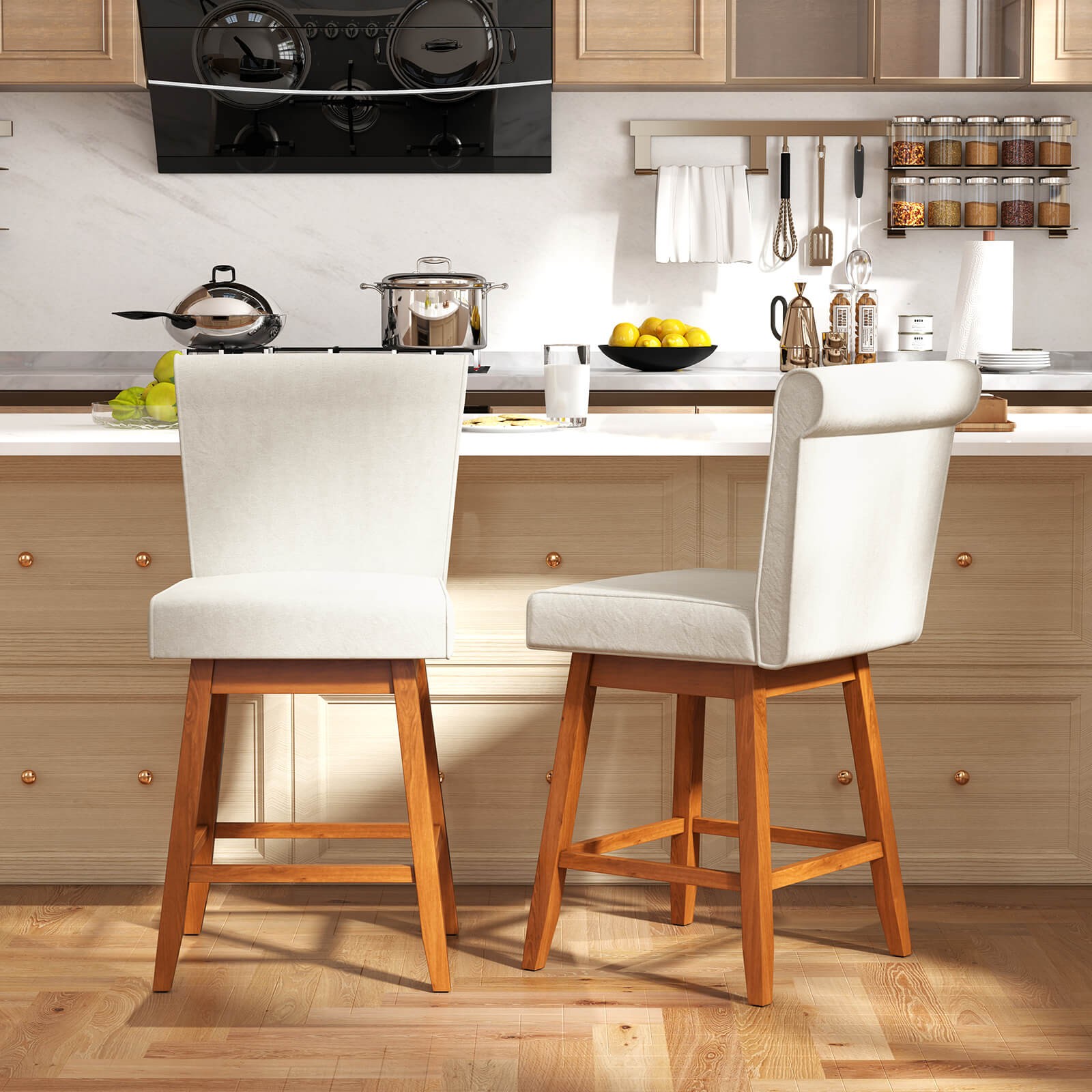 27″ Swivel Bar Stools 2PCS w/Rubber Wood Legs Upholstered Linen Bar Chairs