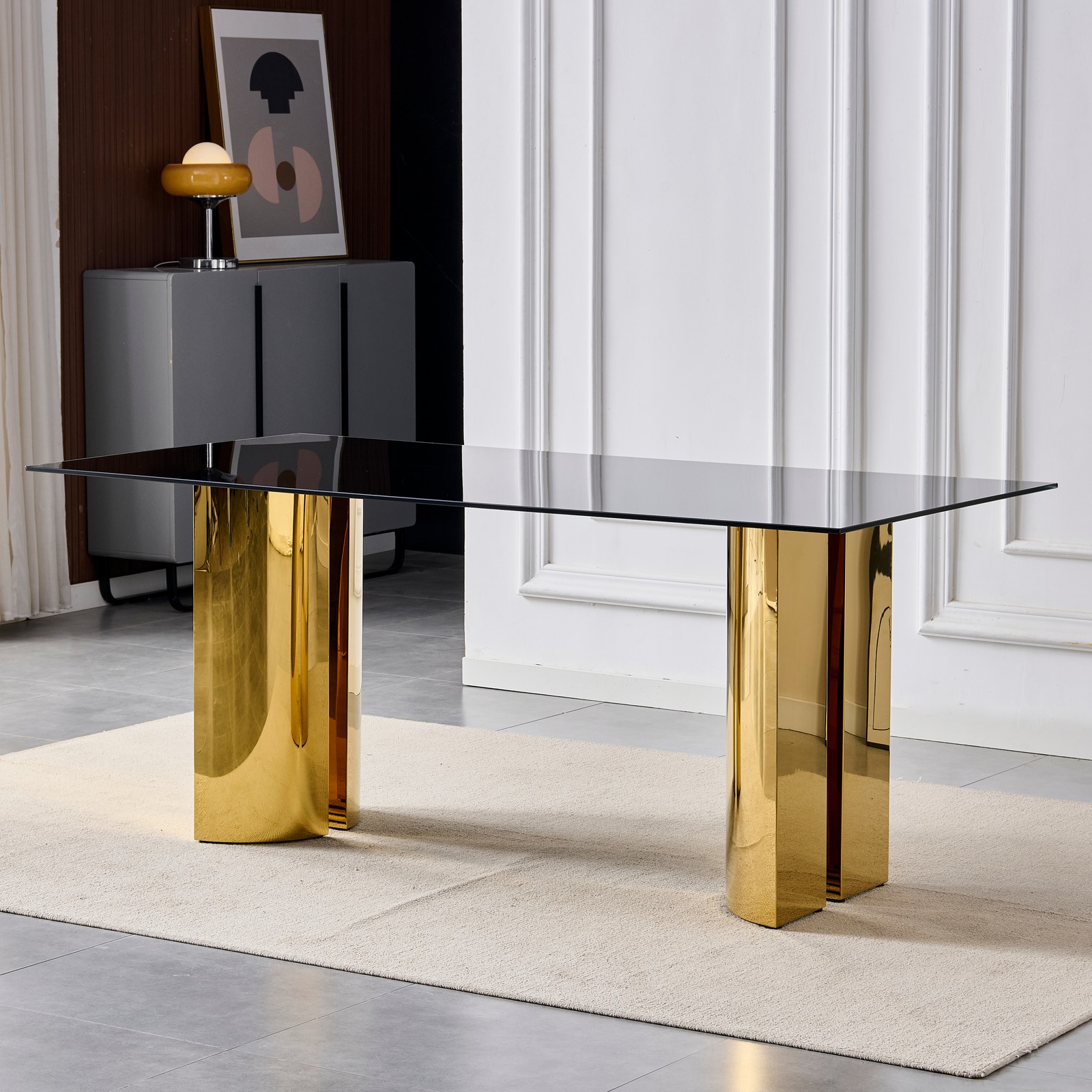 70″ Rectangular Dining Table Black Tempered Glass Gold Stainless Steel Legs