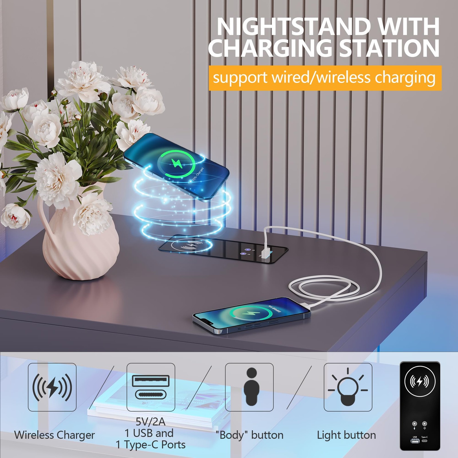 dnbss Nightstand with Charging Station and LED Light, Modern Large, Grey