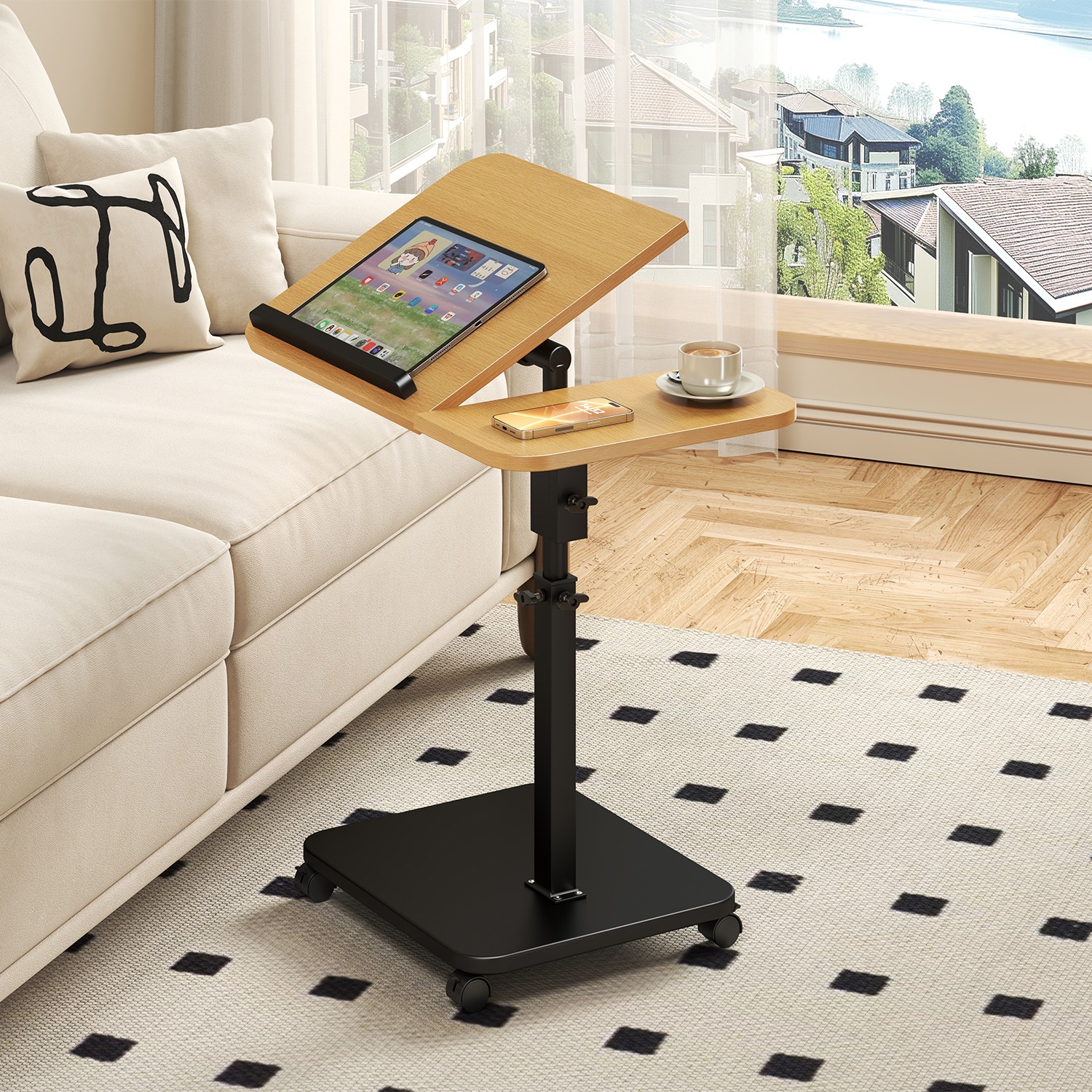 C Shaped Table End Table for Couch Adjustable Height 180° Swivel Tray Sofa Table