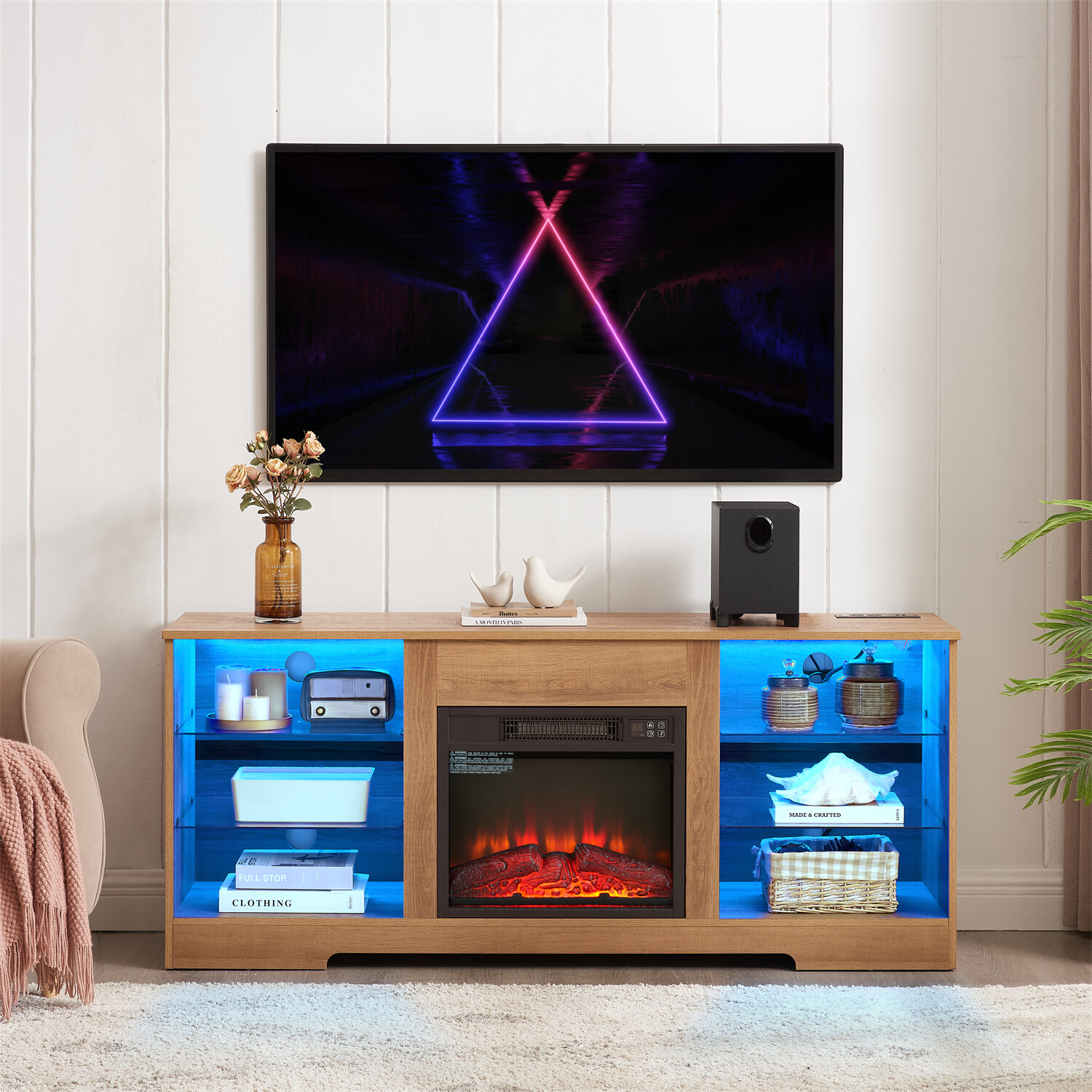 LED TV Stand Cabinets TV Media Console with 18” Fireplace for TV Up to 62in