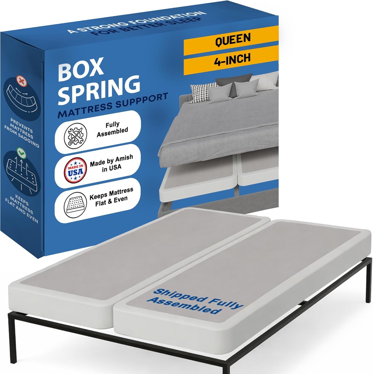Box Spring Bed Base Queen Size, 4-Inch Wood Mattress Foundation – Amish Made in