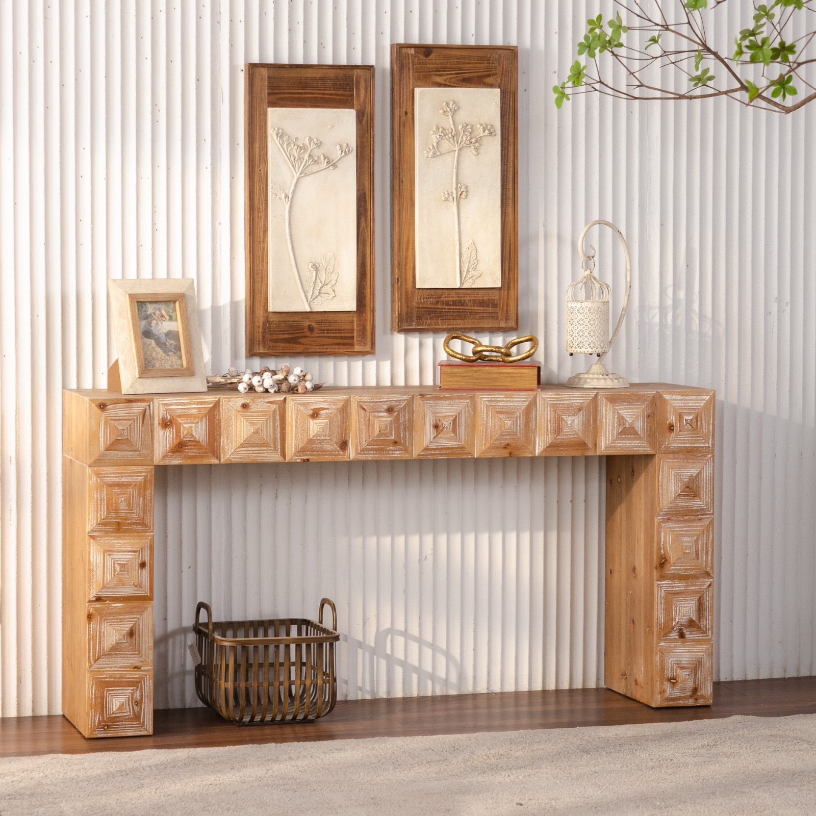 3D Carved Rustic Geometric Console Table Solid Wood MDF Entryway Hallway