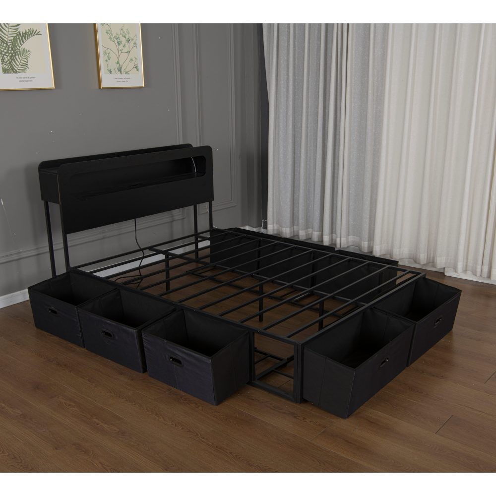 Full Size Bed Frame with Storage Drawers, LED Headboard & Charging Station