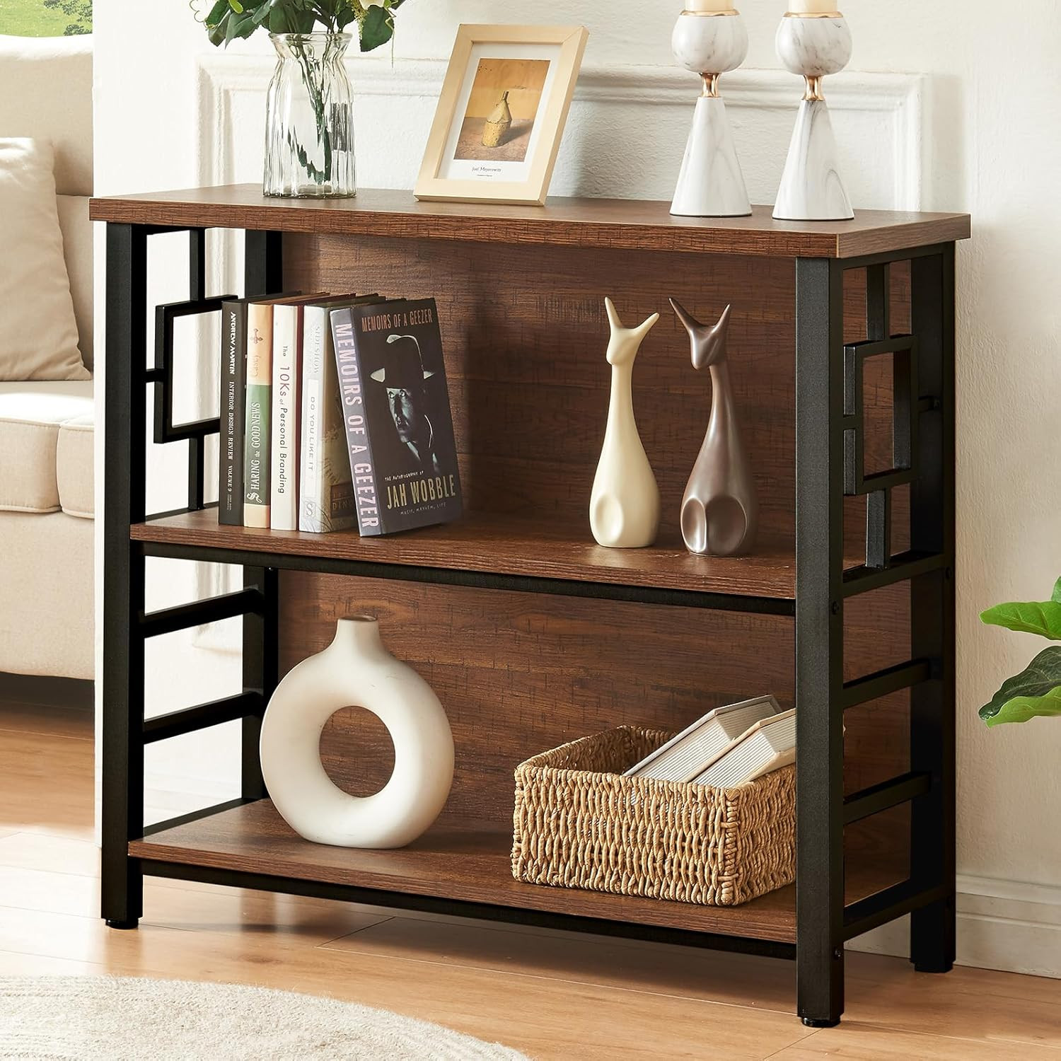 3 Tier Bookshelf Rustic Brown Engineered Wood Metal Storage Bookcase Low