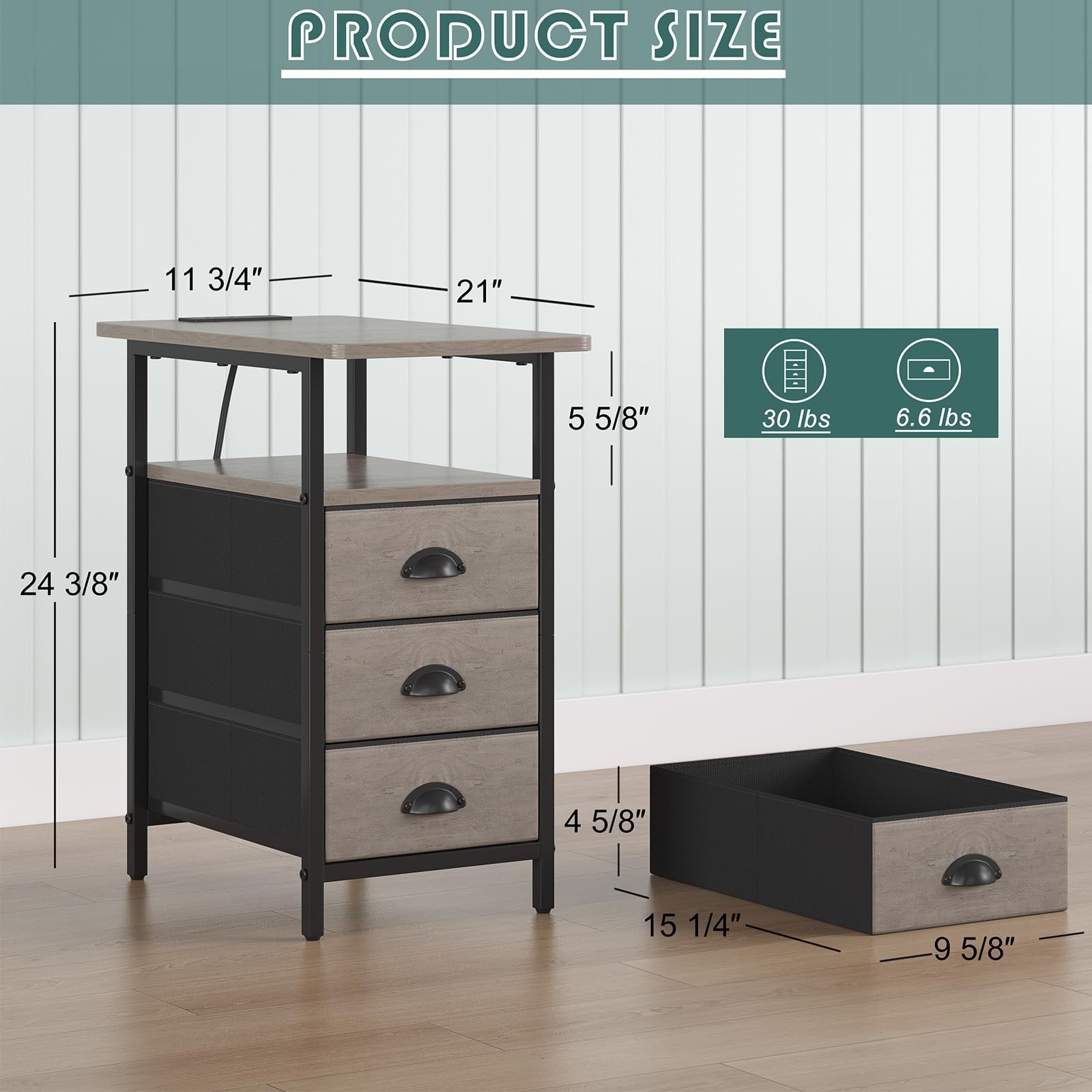 sthmec End Table with Charging Station, Side 11.75” W*21” D* 24.3” H, Grey