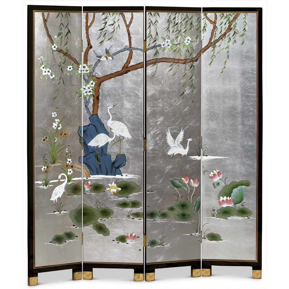 US Seller – Silver Leaf Cranes in Lotus Pond Asian Floor Screen