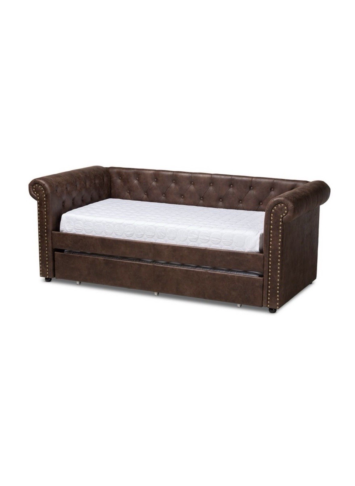 Twin Brown Mabelle Faux Leather Daybed with Trundle & Two Twin Mattresses (NEW)