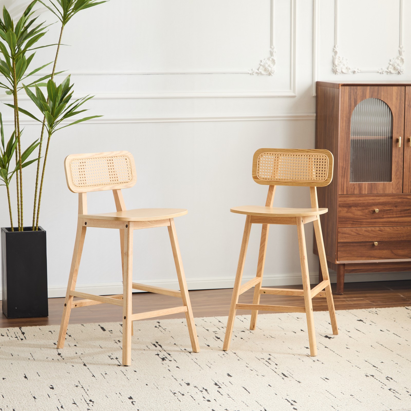 Barstool Set of 2, Natural Wood, Rubberwood Frame, Rattan Backrest