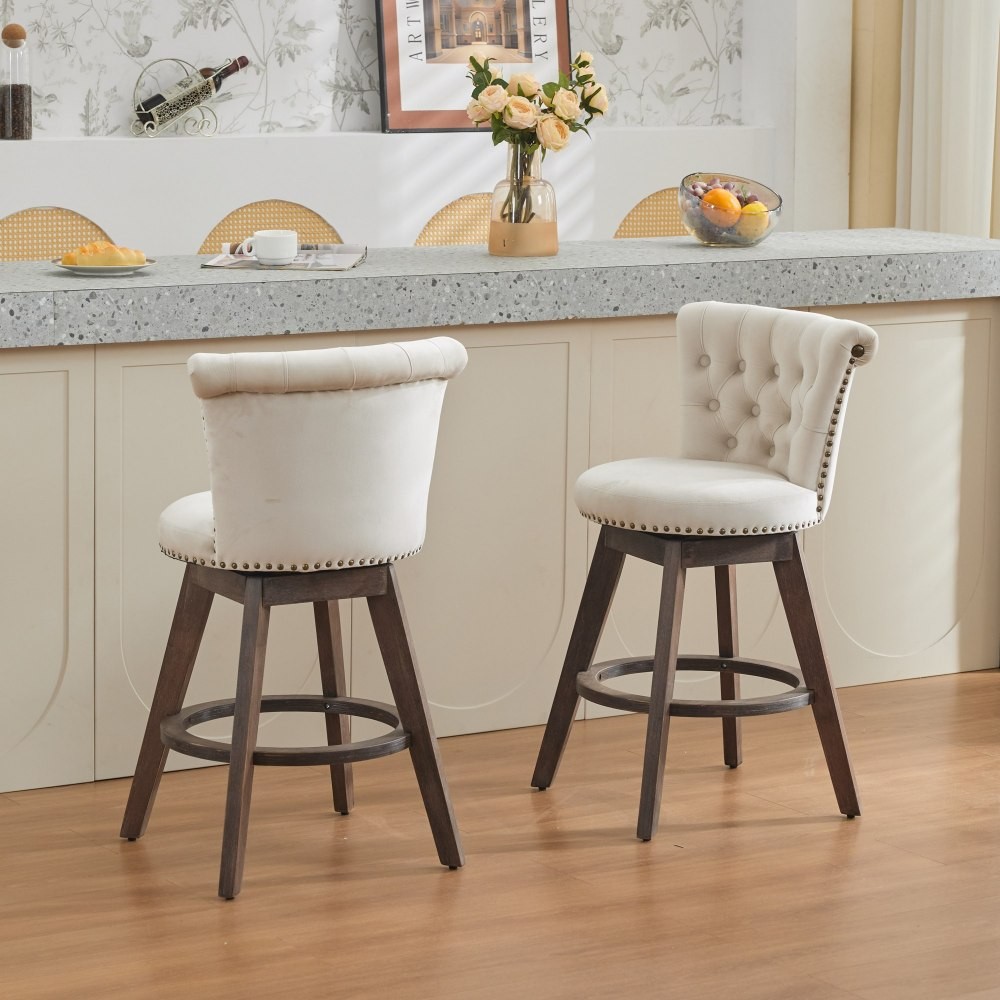 26″ 360° Swivel Counter Height Bar Stools Set of 2 Tufted Button Trimmed Wood