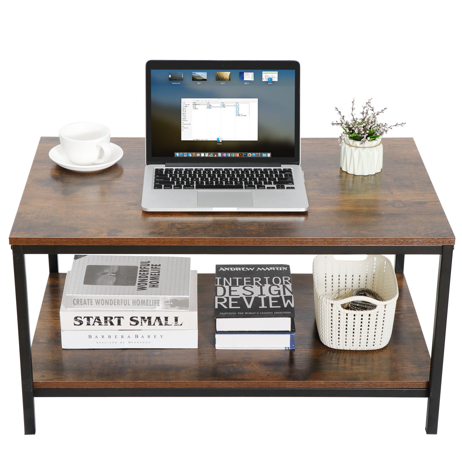 Industrial Coffee Table With Storage Shelf For Living Room Wood Look Accent