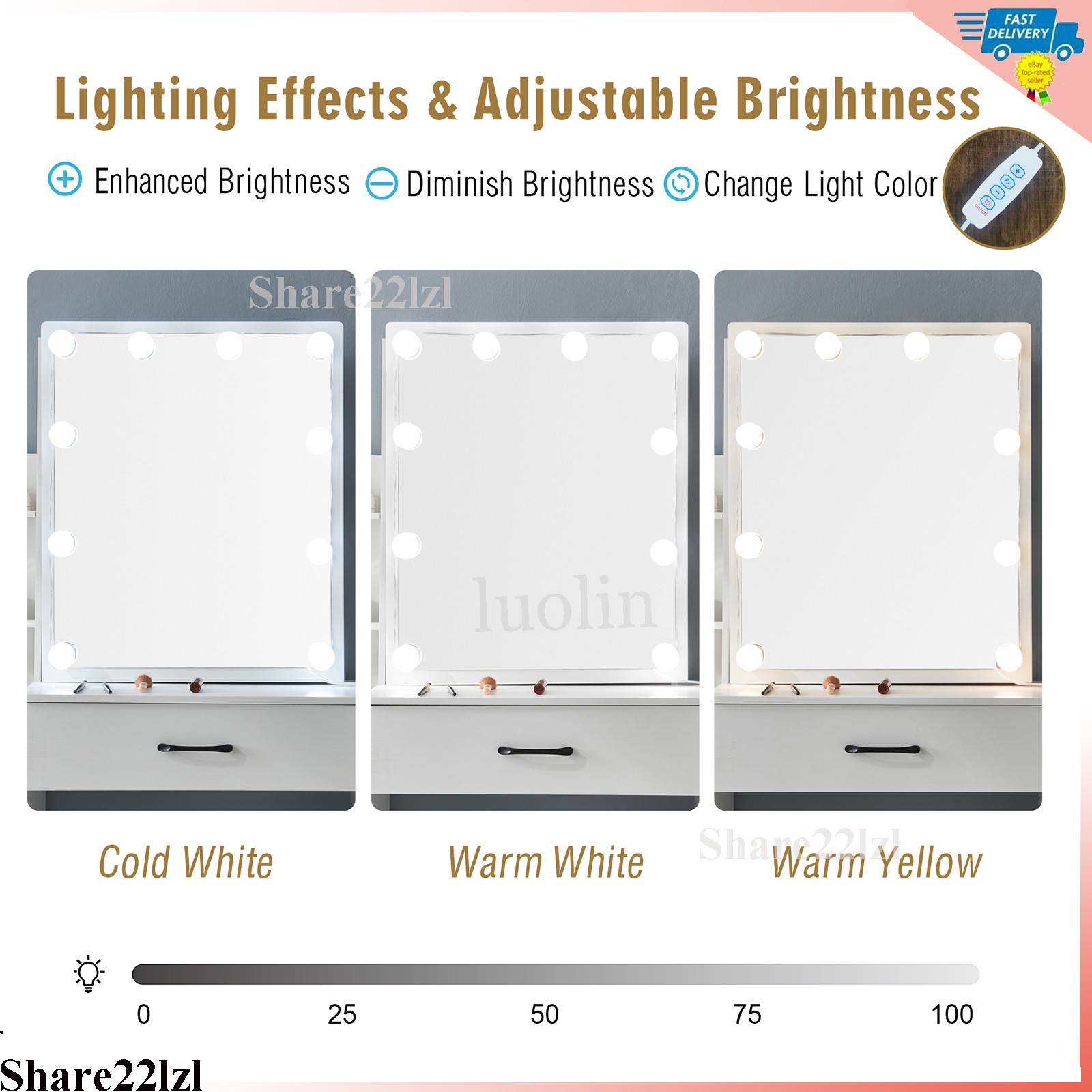 White Sliding Lighted Mirror Vanity Set w/4 Drawers Dressing Table Makeup Stool