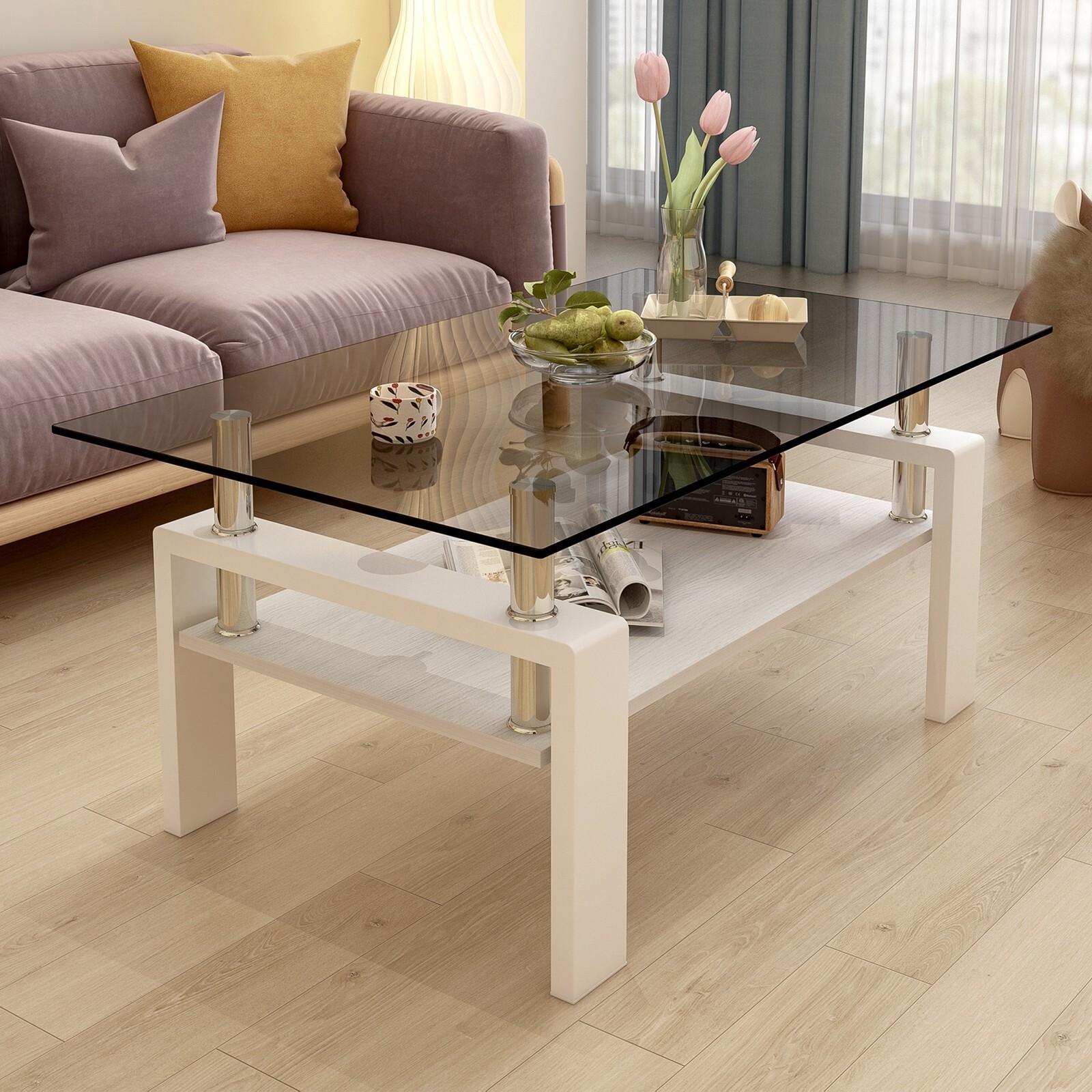 Rectangle Coffee Table Tempered Glass Tabletop with MDF Layer for Living Room