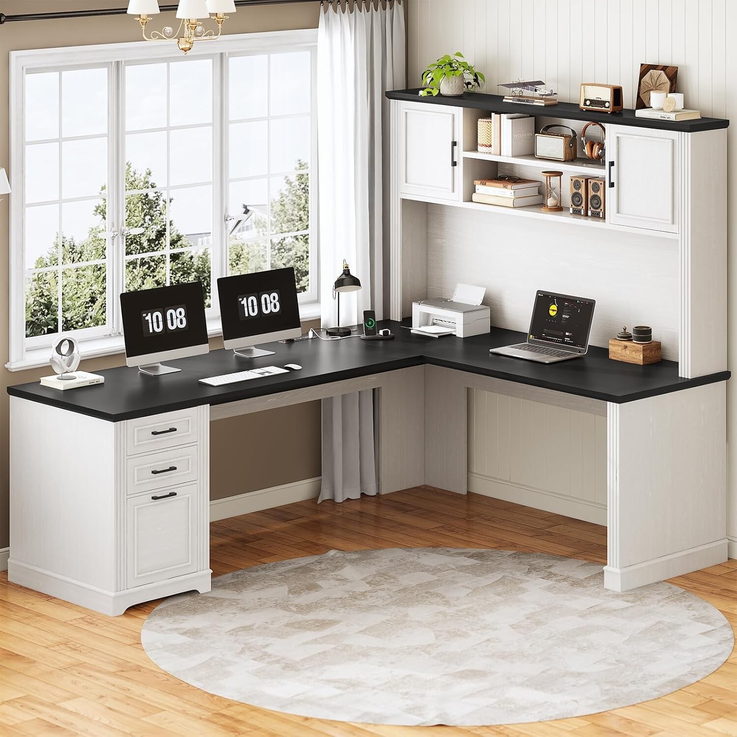 Farmhouse L Computer Shaped Desk with Hutch & 3 Drawers for Home Office (White)