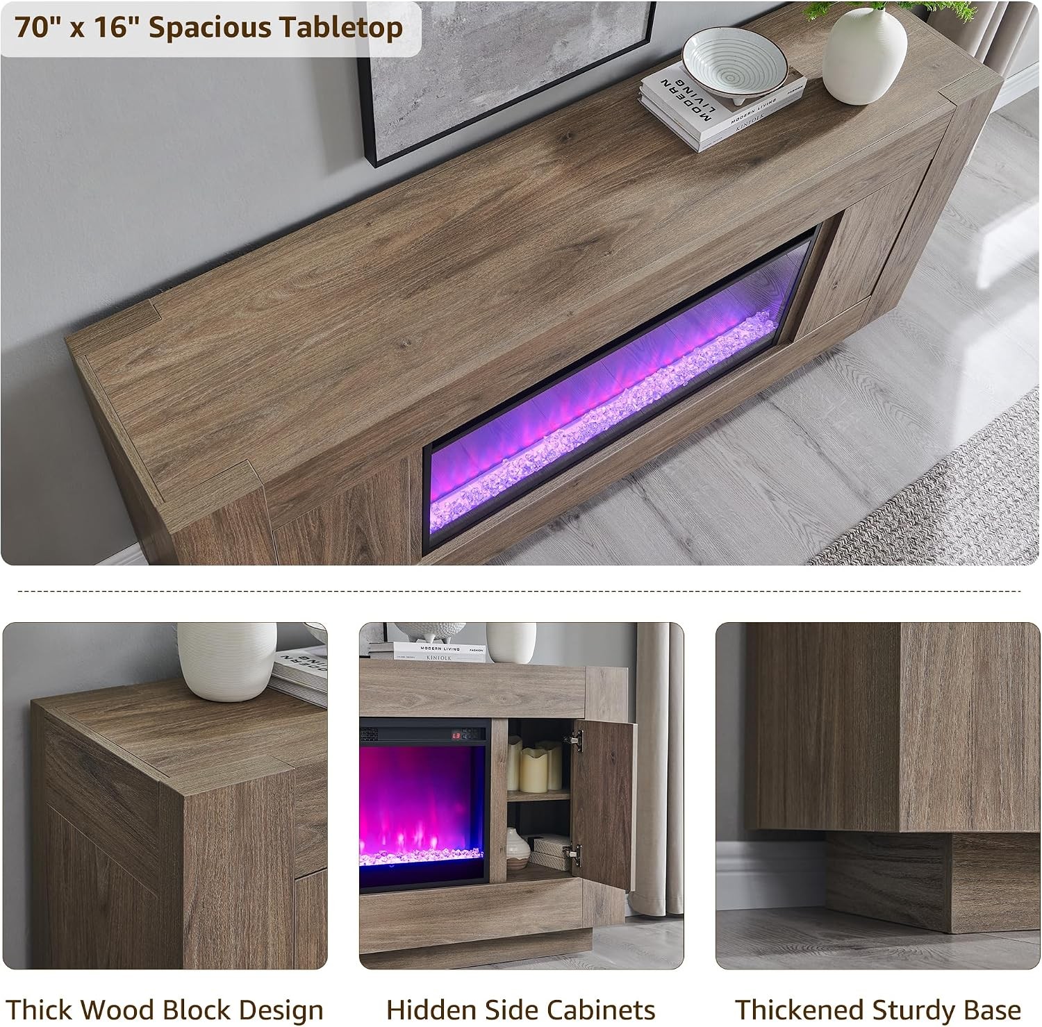 70″ Fireplace TV Stand With 36″ Electric Fireplace Wood Design For Living Room