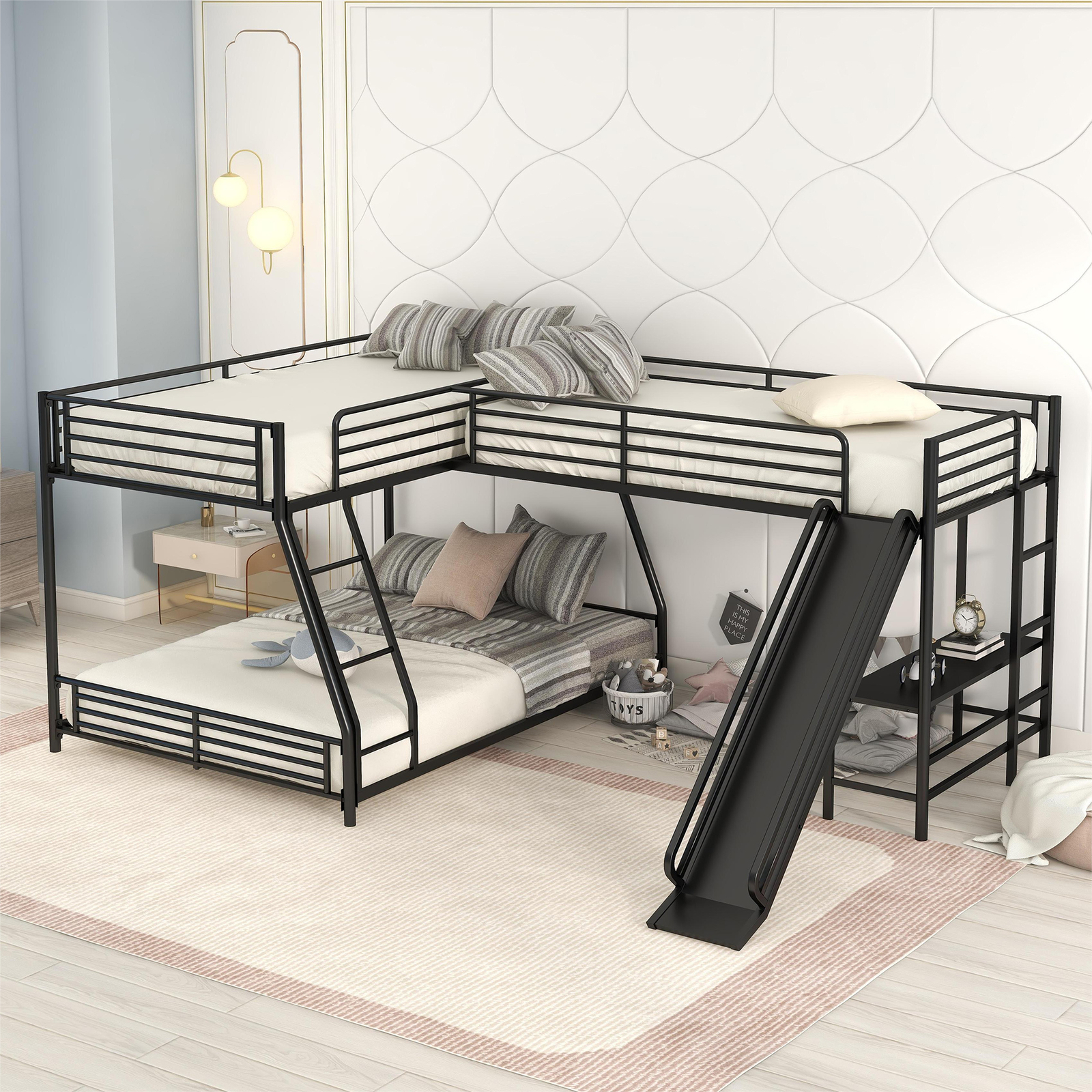 Triple Bunk Bed Twin Over Full Bunk Bed with Desk, Slide,and Twin Size Loft Bed