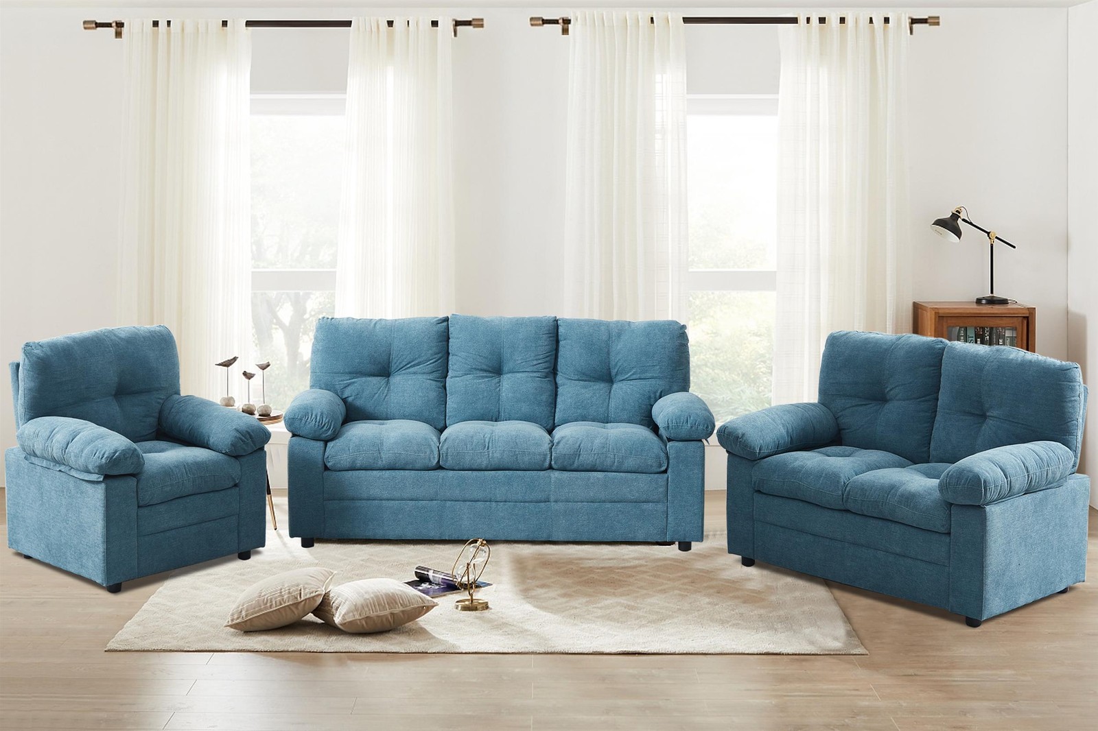 Hybiton Modern 3 Piece Sofa Set Linen Recliner Chair & Loveseat & Sofa – Blue