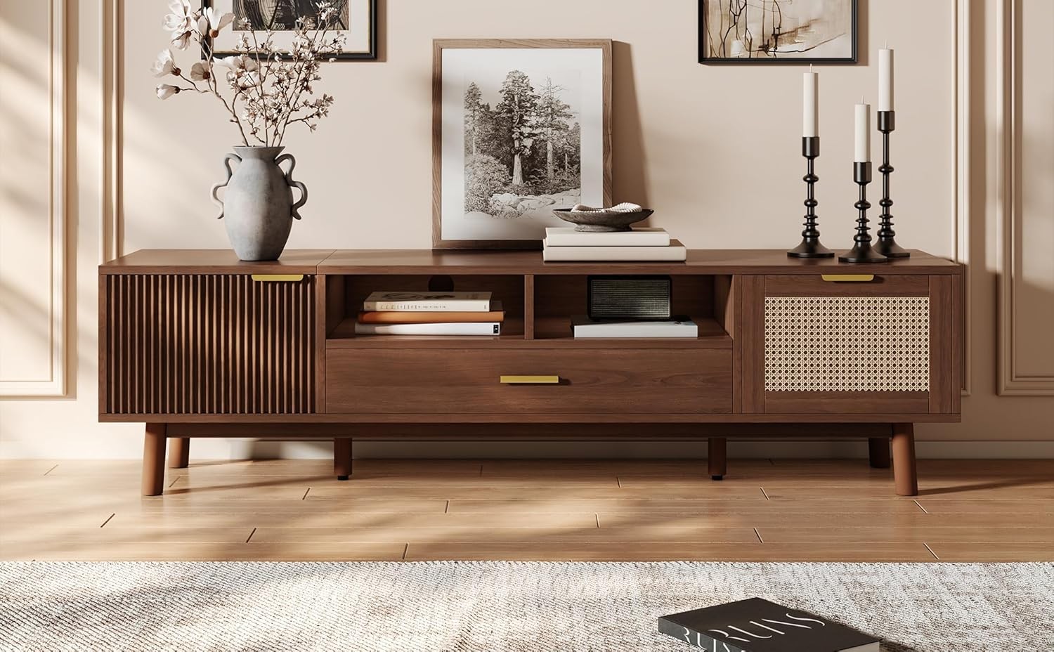 Rattan TV Stand for 75″ TVs, Entertainment Center with Drawer & 2 Cabinets