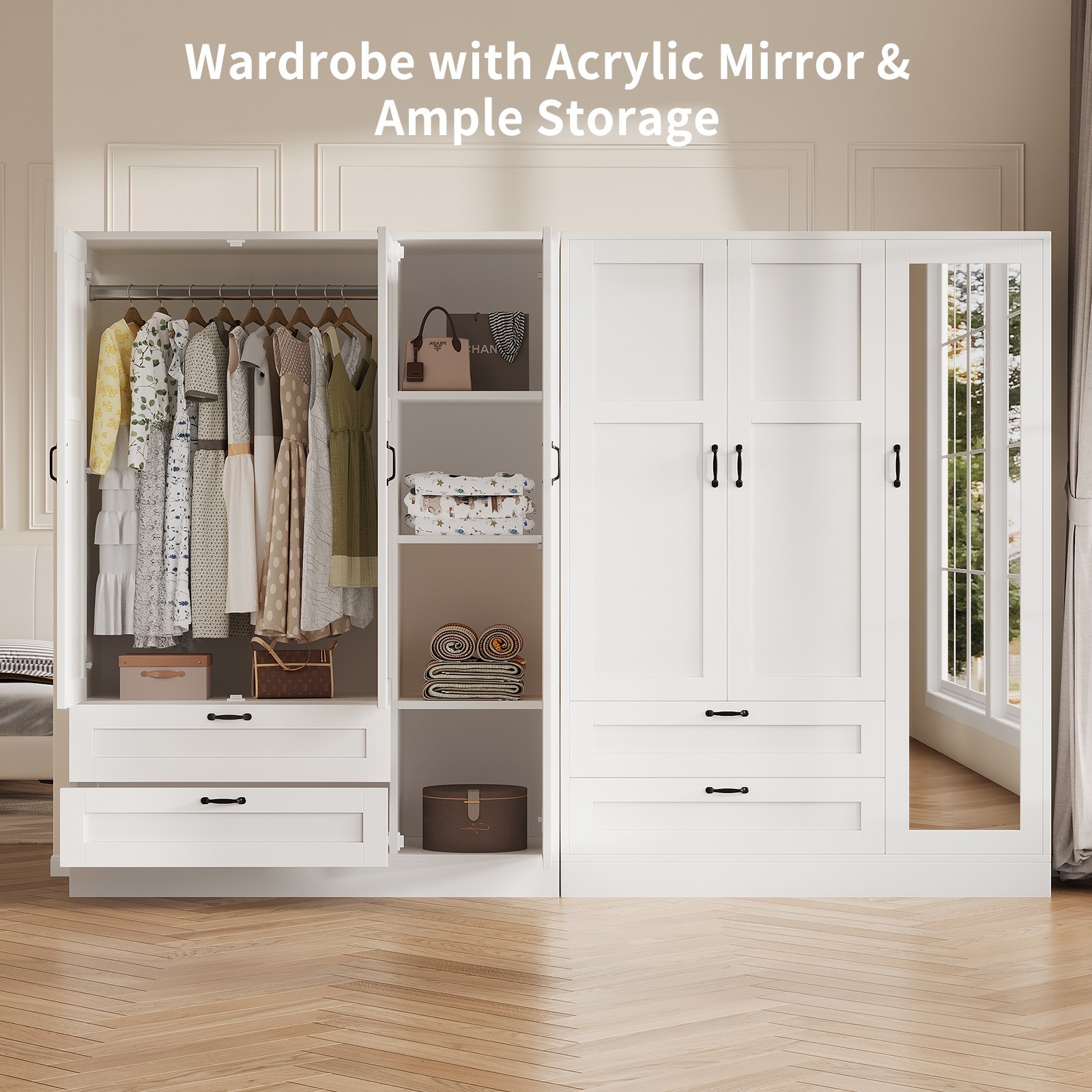 Narrow Armoire Wardrobe Closet with Mirror Hanging Rod 2 Drawers Storage