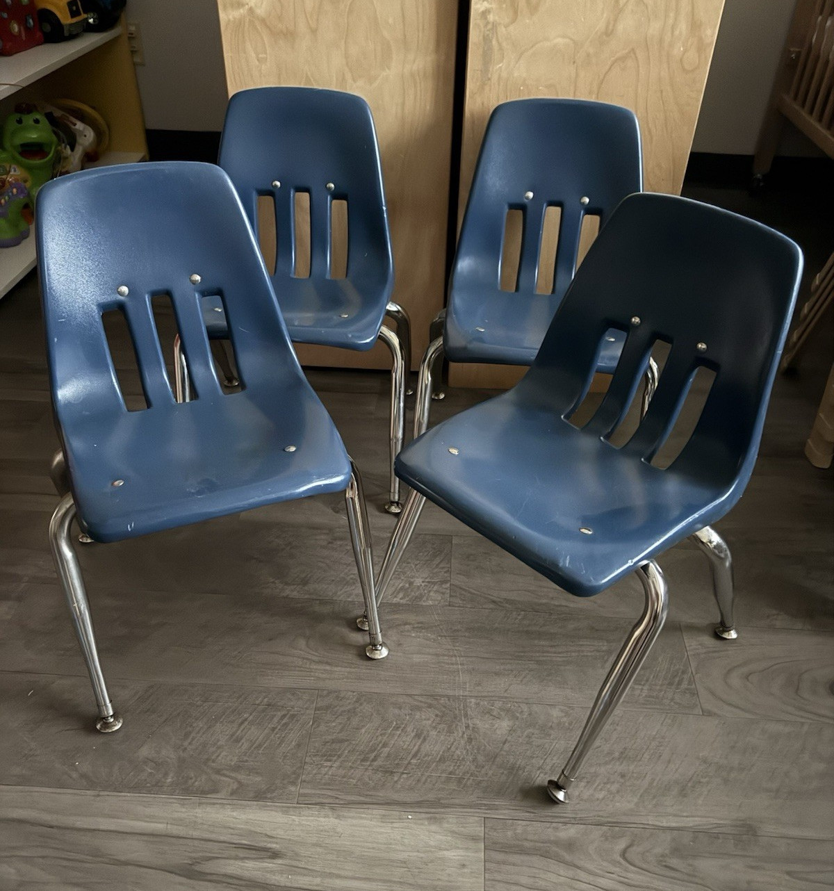 Virco Set of 4 Children’s Blue Plastic Stacking Chairs w/ Chrome Frame