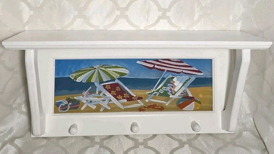 Beachcomber Ocean Life Beach Scene Stainglass Style White 18.5in Wall Shelf