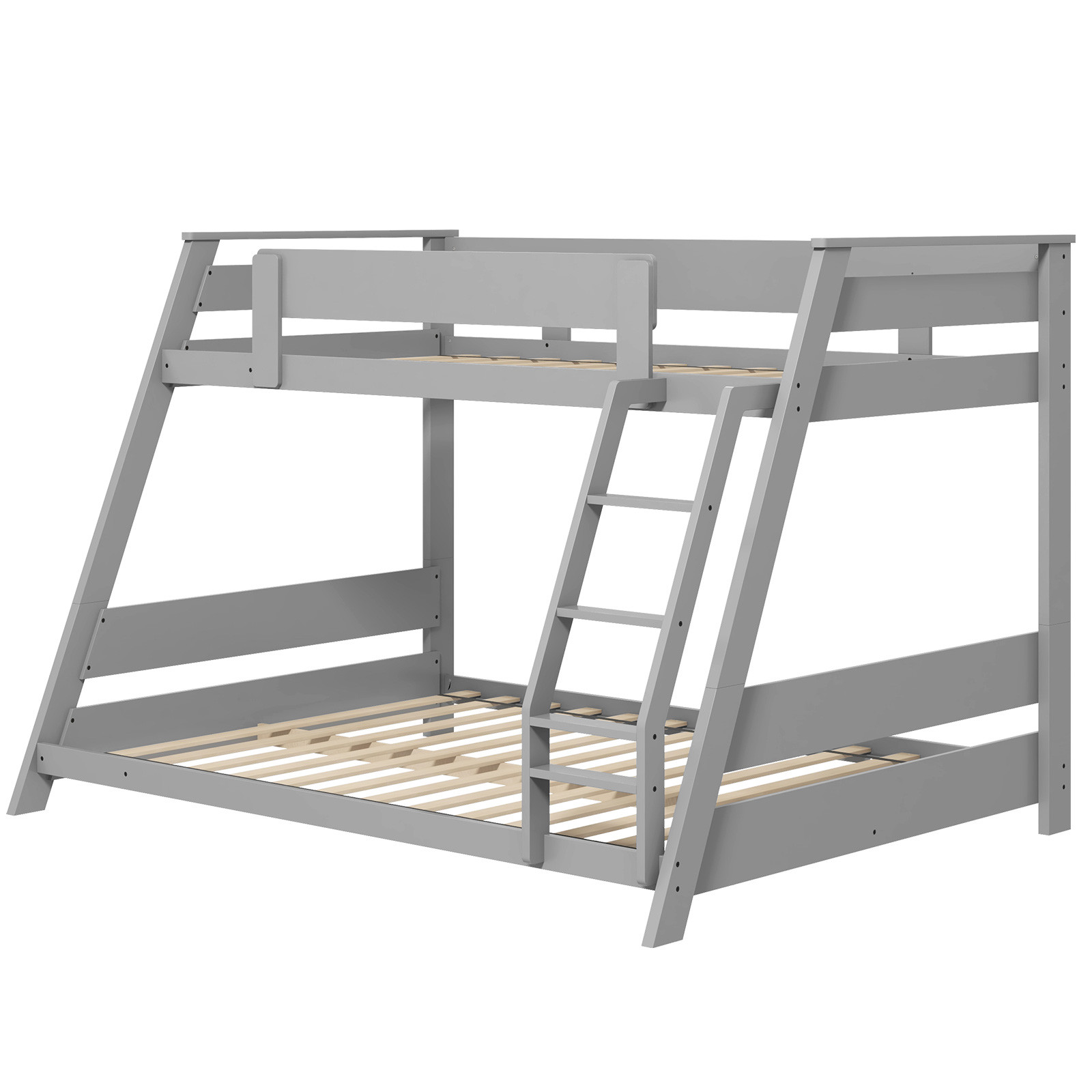 Twin Over Full Low Bunk Bed Solid Wooden Floor Bunk Bed w/ Reversible Ladder