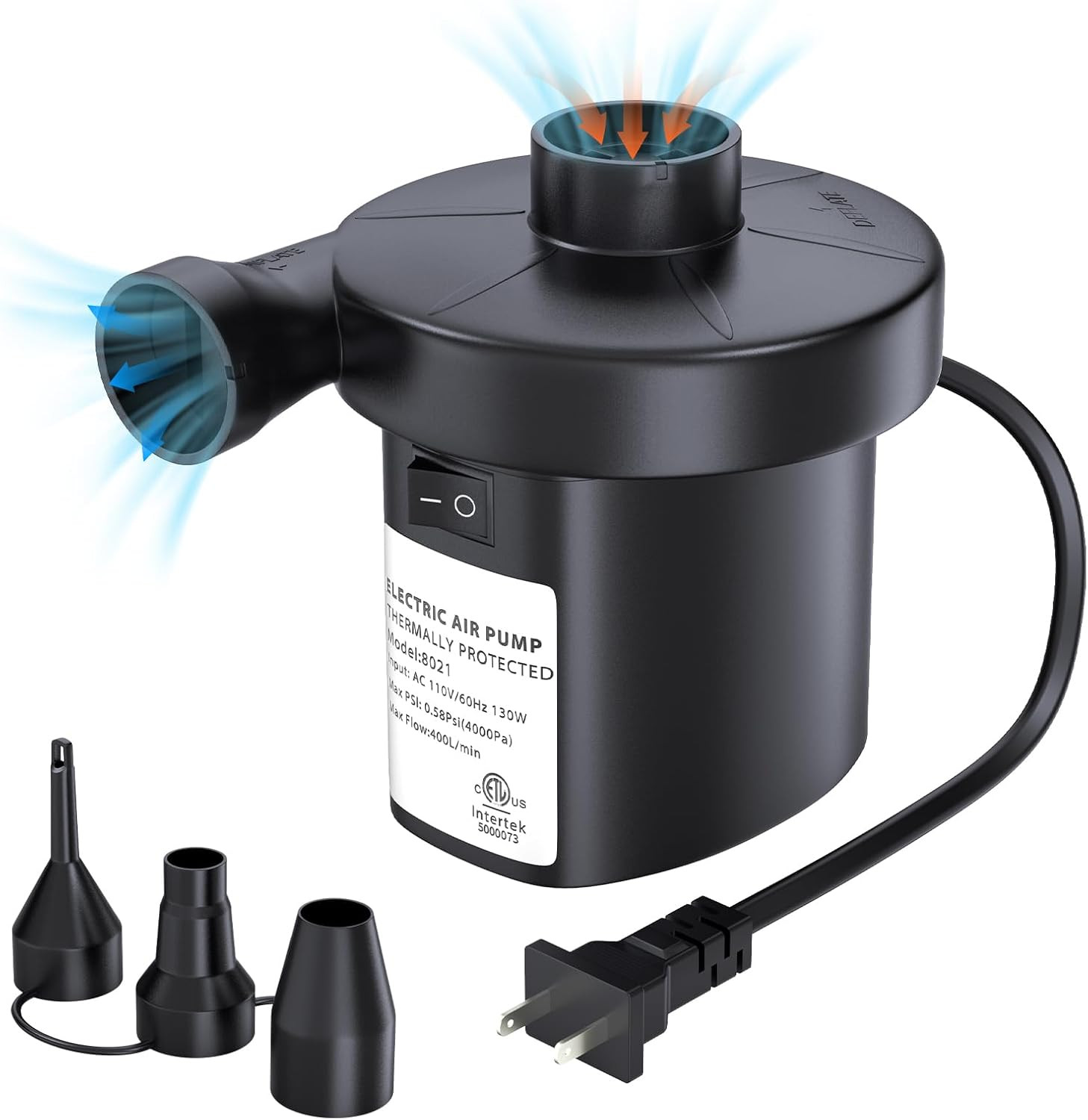 PULIDIKI Electric Air Pump for Inflatable Air Mattress, 3 Nozzles, 110v 130w