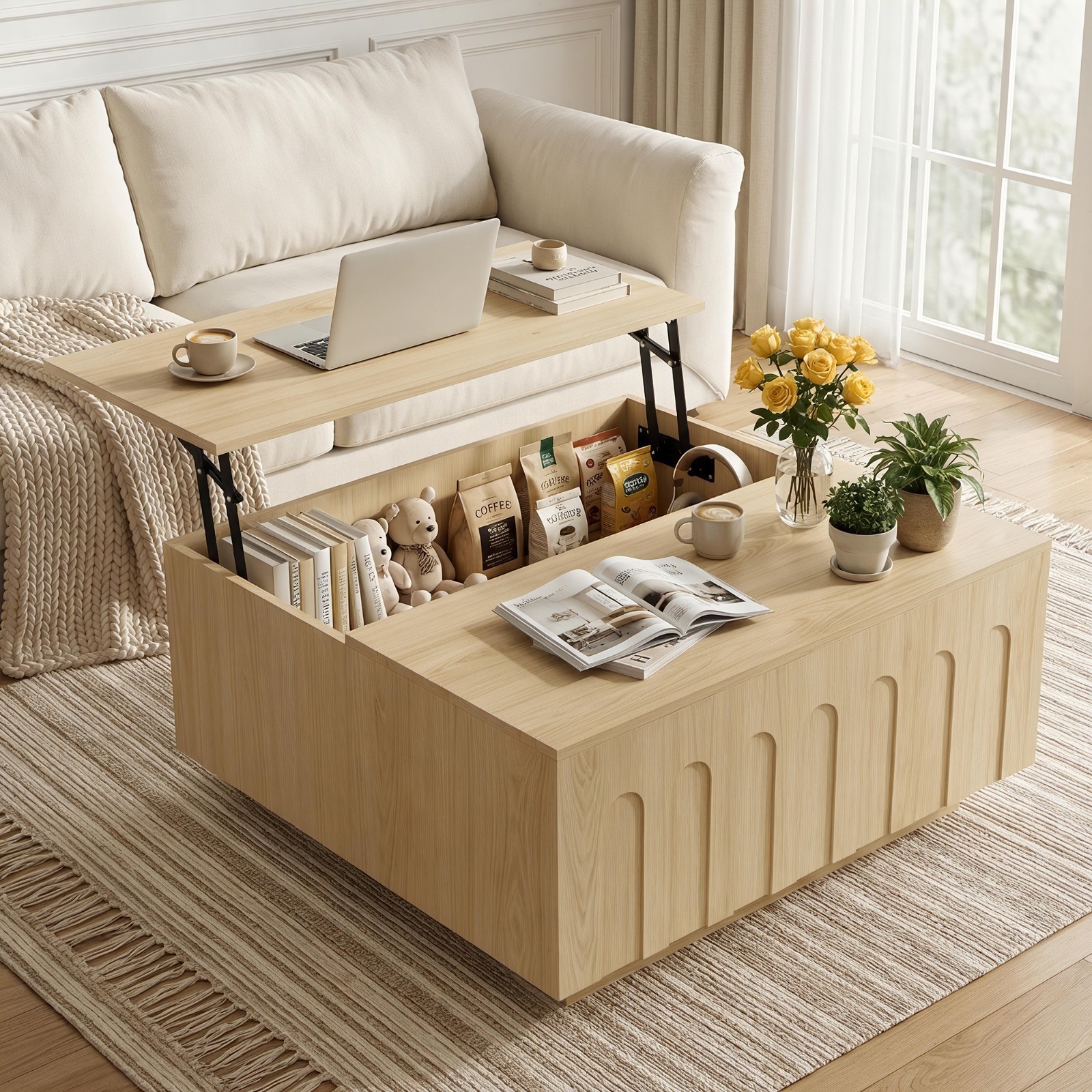4-in-1 Lift Top Coffee Table with Storage, SquareArched Fluted Coffee table