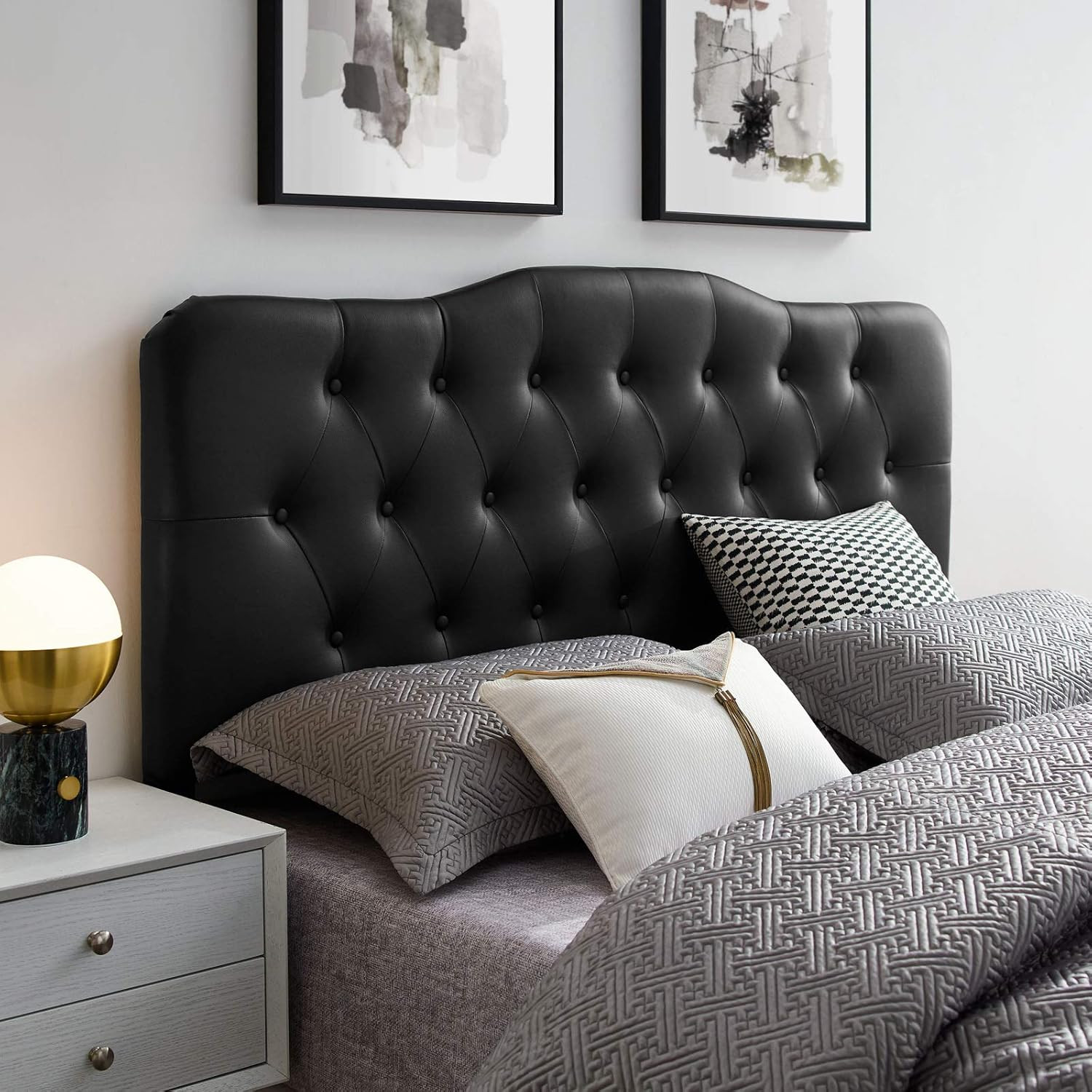 Black Faux Leather Queen Headboard with Tufted Buttons – Annabel Design