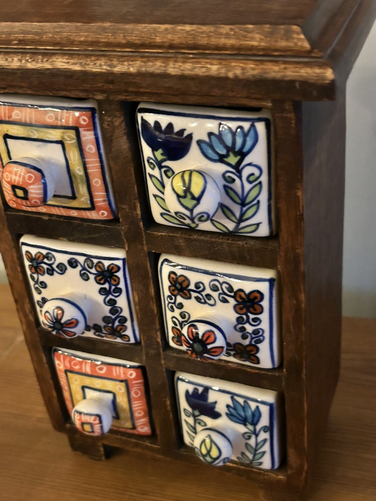 Vintage Pier 1 Apothecary Wooden Cabinet With 6 Ceramic Drawers