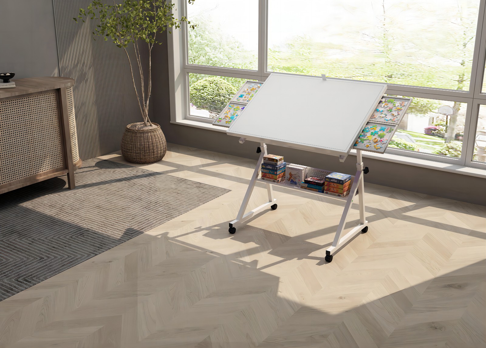 1500 Piece Jigsaw Puzzle Table Board for Adults, Metal with 4 Trays White