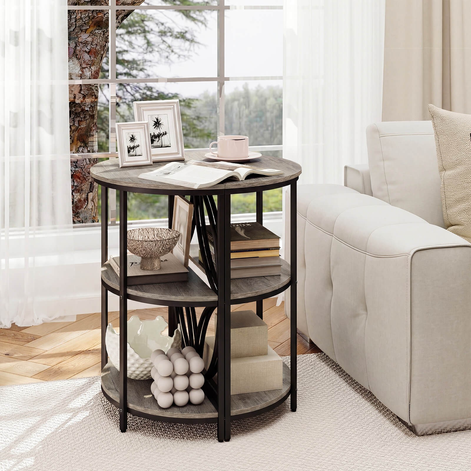 3-Tier Half Round End Table Set of 2 w/Study Metal Frame, Storage Shelves